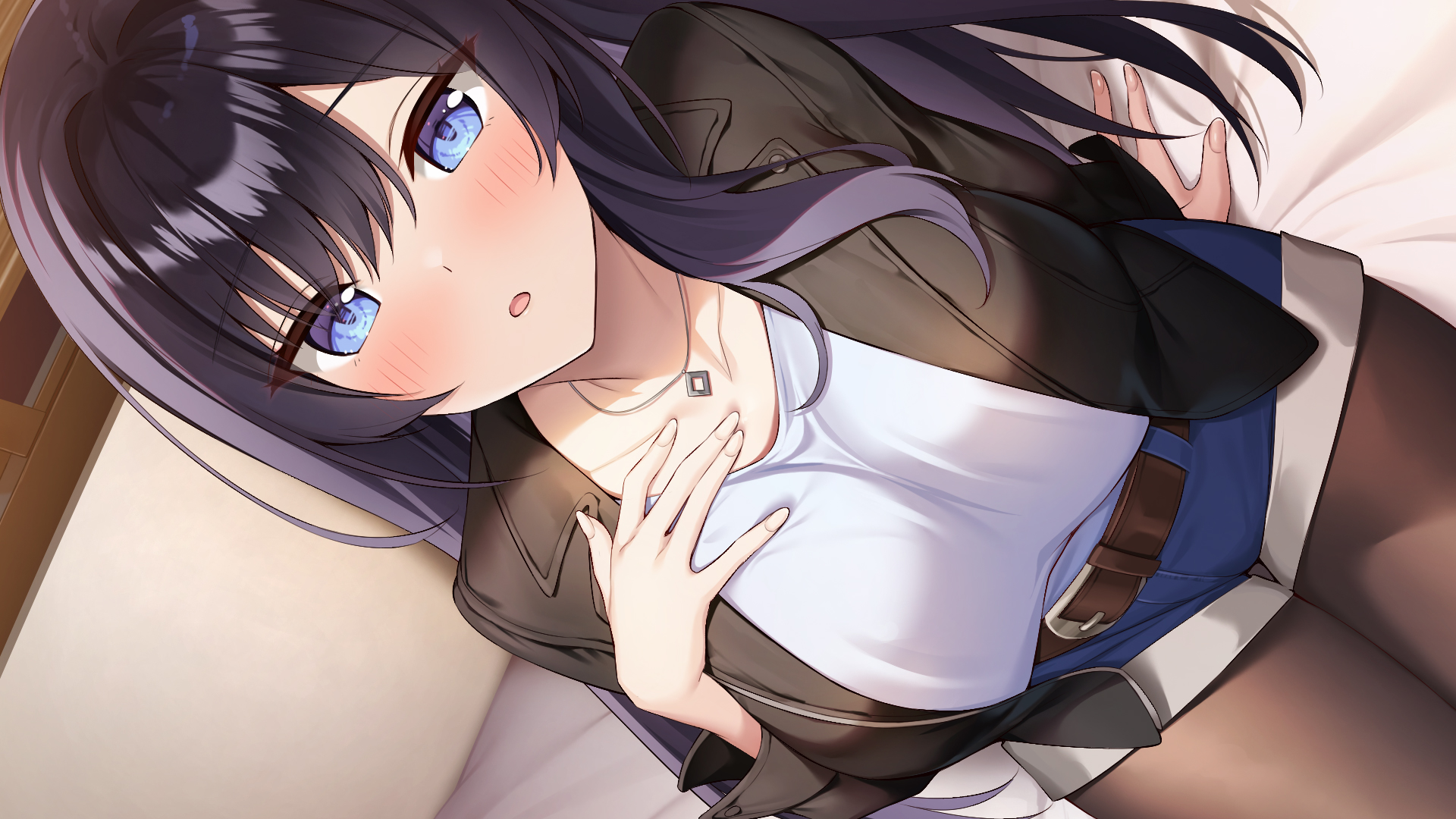 oryo (oryo04), highres, second-party source, 1girl, belt, black hair, black jacket, blouse, blue eyes, blue shorts, blush, breasts, brown belt, dutch angle, hand on own chest, indoors, jacket, jewelry, large breasts, lingeries (ramune games), long hair, looking at viewer, makabe aisu, necklace, open mouth, pantyhose, pillow, shirt, shorts, sitting, solo, thighs, white shirt