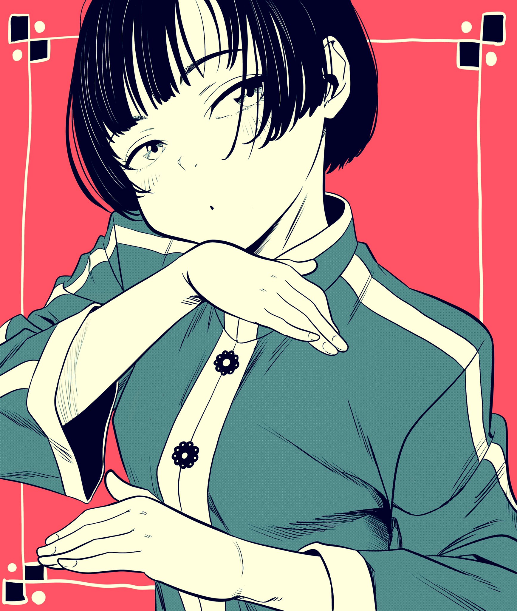 lee (dragon garou), original, commentary request, highres, 1girl, breasts, chinese clothes, head tilt, light blush, limited palette, medium breasts, red background, short hair, solo, tangzhuang