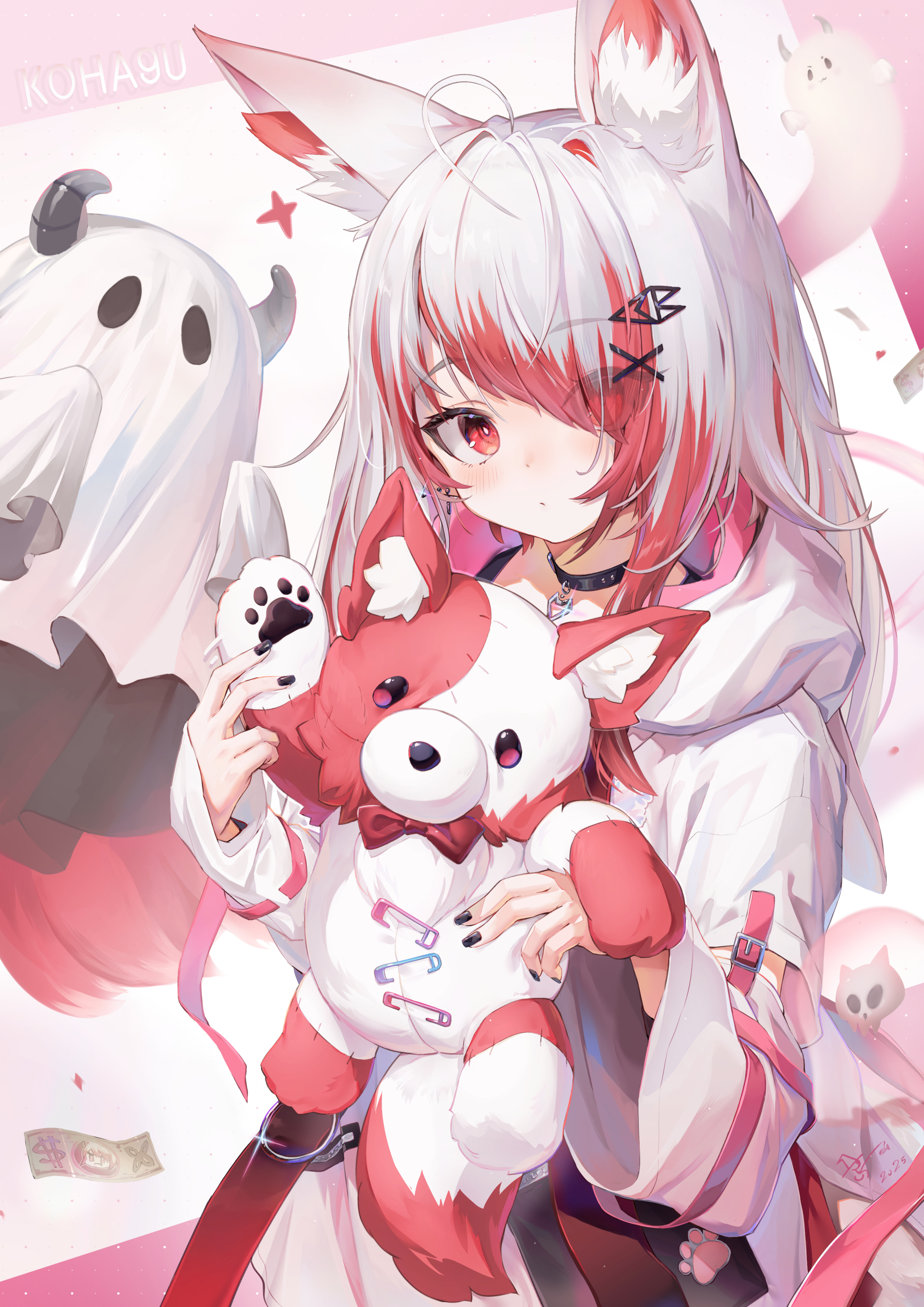 qiaogun damodao, syusetu kohaku, vee (vtuber), absurdres, highres, 1girl, :o, animal ear fluff, animal ears, black nails, blush, character name, colored inner hair, dress, fox ears, ghost, hair ornament, hair over one eye, holding, holding stuffed toy, hooded dress, long hair, looking at viewer, money, multicolored hair, nail polish, red hair, safety pin, solo, streaked hair, stuffed animal, stuffed fox, stuffed toy, upper body, virtual youtuber, white dress, white hair, x hair ornament