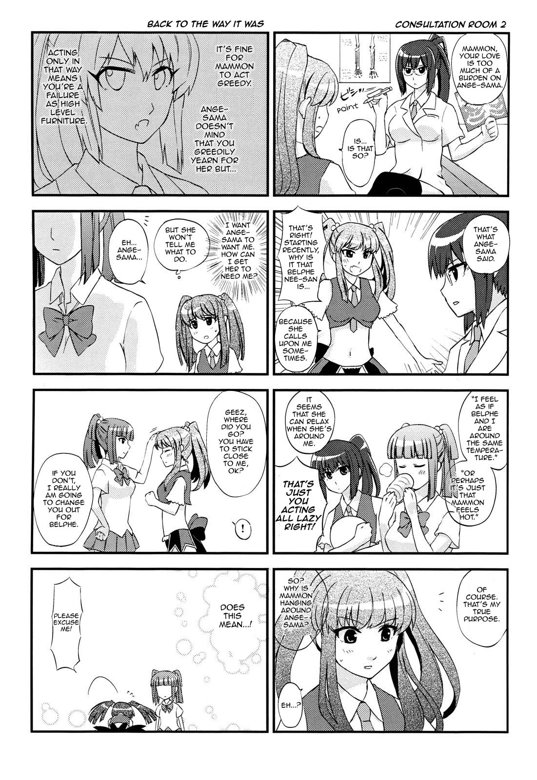 belphegor (umineko), mammon (umineko), stakes of purgatory, ushiromiya ange, umineko no naku koro ni, highres, 00s, 3girls, 4koma, alternate hairstyle, comic, greyscale, hair bobbles, hair ornament, midriff, monochrome, multiple girls