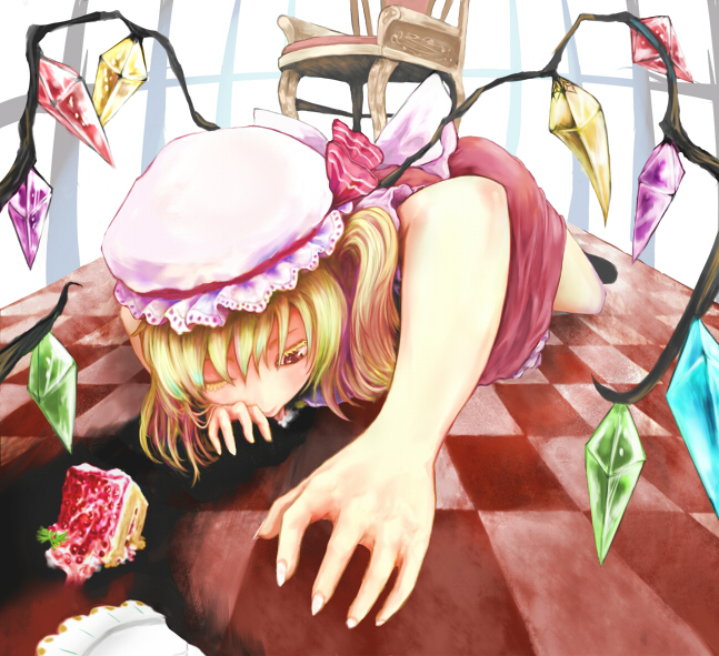kouzilow, flandre scarlet, touhou, 1girl, all fours, blonde hair, cake, checkered floor, female focus, floor, food, foreshortening, hat, pastry, red eyes, solo, vampire, vanishing point, wings