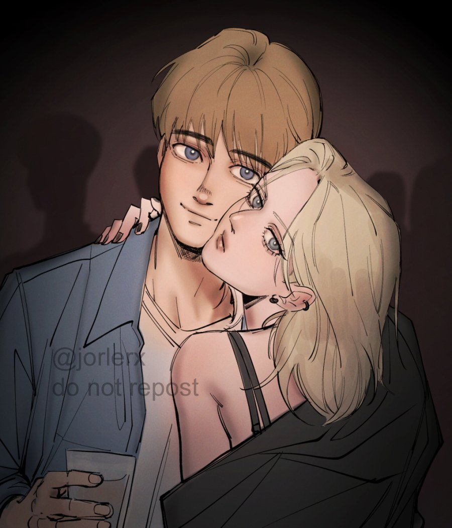 jorlerx, annie leonhart, armin arlert, shingeki no kyojin, 1boy, 1girl, arm around neck, blonde hair, blue eyes, blue shirt, blurry, blurry background, collared shirt, couple, cup, hetero, holding, holding cup, looking at viewer, medium hair, nail polish, parted bangs, shirt, shirt under shirt, short hair, simple background, smile, spaghetti strap, twitter username, upper body, white shirt