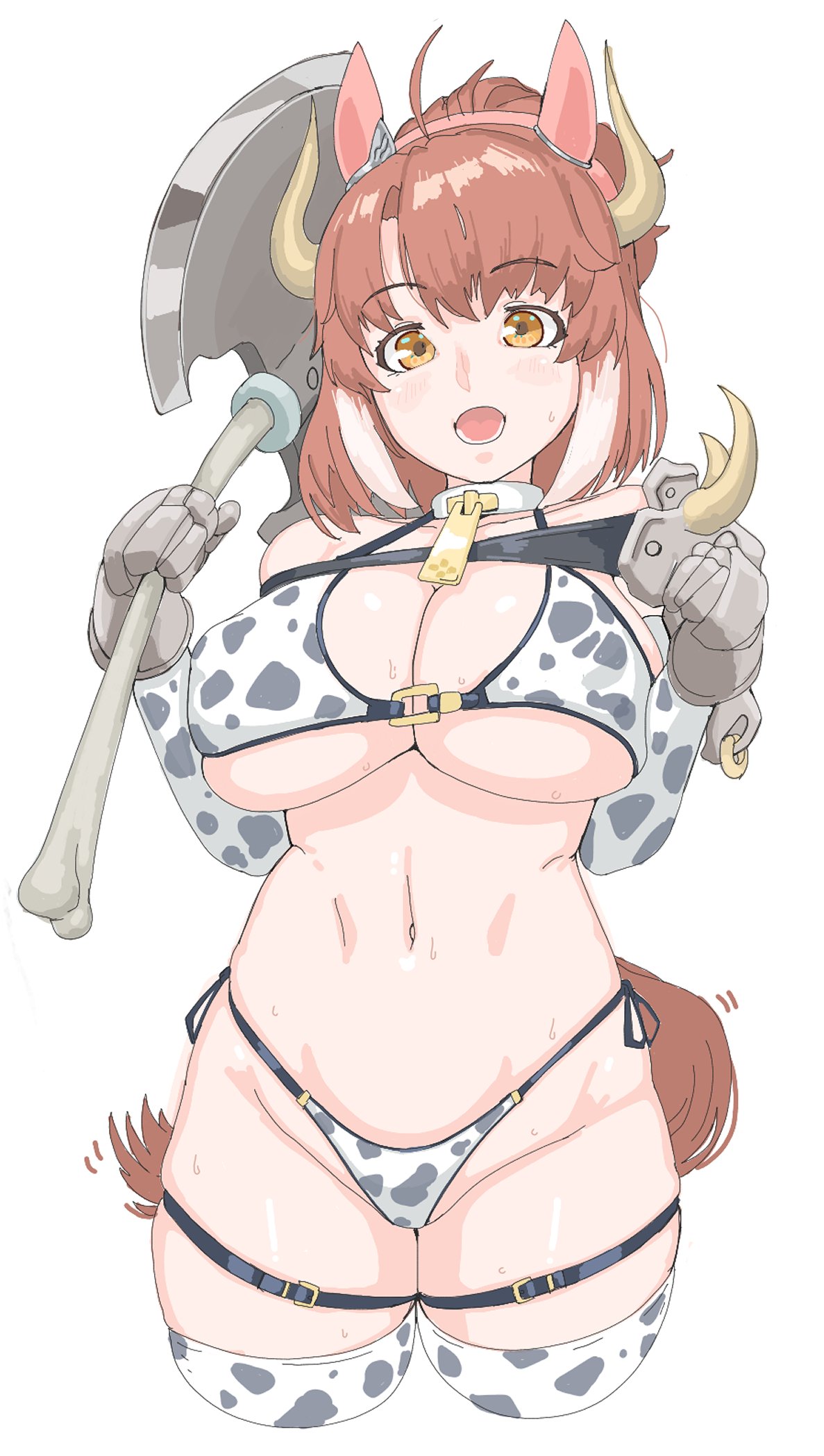zenchou24cm, dantsu flame (umamusume), umamusume, commentary request, highres, 1girl, alternate costume, animal ears, animal print, axe, bell, belt, bikini, bow, bracelet, breasts, brown hair, clenched hand, collar, cow print, cow print bikini, cow print thighhighs, ear covers, ear ribbon, gloves, holding, holding axe, holding weapon, horse ears, horse girl, horse tail, huge breasts, jewelry, multicolored hair, navel, neck bell, open mouth, pink belt, print bikini, print thighhighs, red collar, short hair, side-tie bikini bottom, simple background, smile, solo, standing, stomach, swimsuit, tail, thigh strap, thighhighs, two-tone hair, weapon, white background, white gloves, white hair, white thighhighs