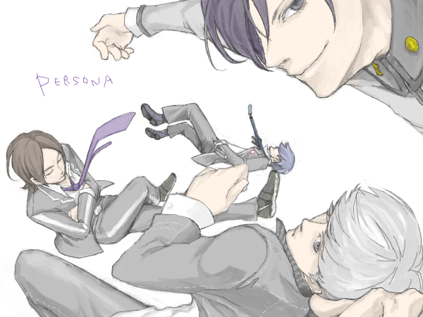 k (76-44), narukami yu, suou tatsuya, toudou naoya, yuuki makoto (persona 3), atlus, persona, persona 1, persona 2, persona 2 tsumi, persona 3, persona 4, 4boys, blue eyes, blue hair, brown eyes, brown hair, closed eyes, crossed arms, crossed legs, everyone, grey eyes, grey hair, male focus, multiple boys, necktie, school uniform, sitting, smirk