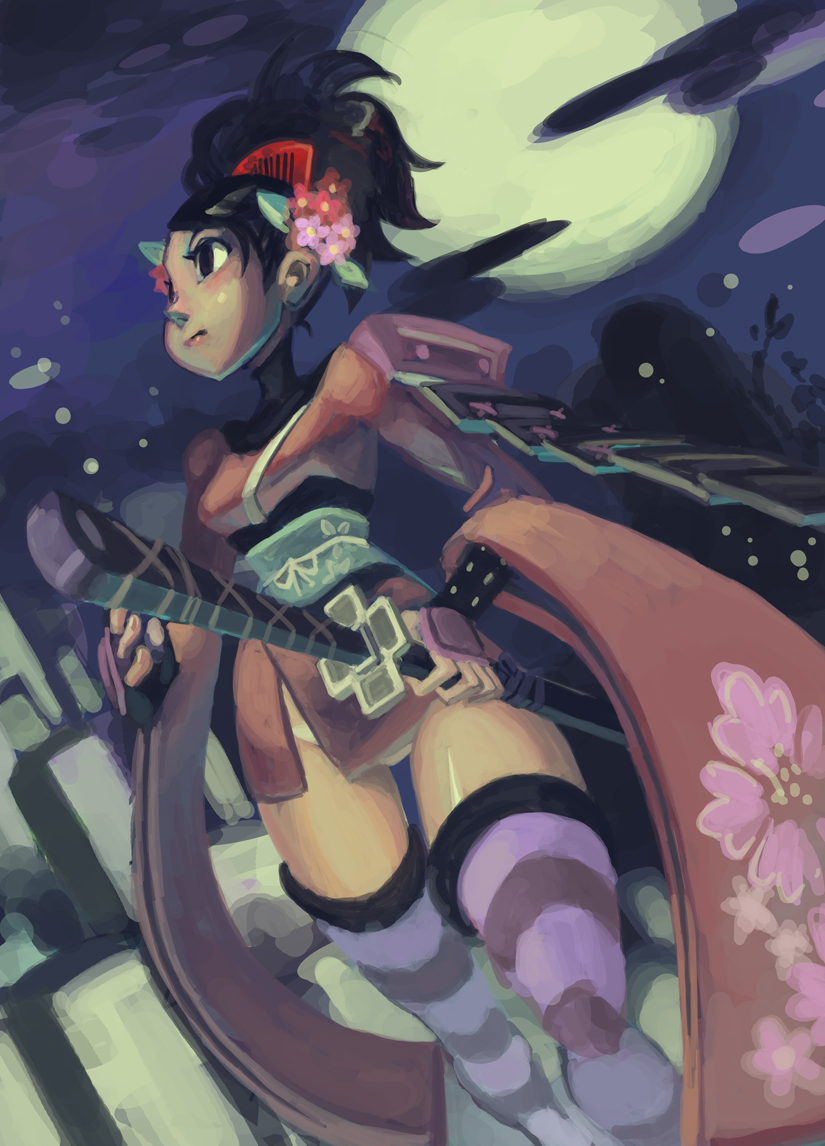 alex ahad, momohime, oboro muramasa, vanillaware, striped, striped legwear, black hair, brown eyes, flower, hair comb, hair flower, hair ornament, japanese clothes, katana, kimono, moon, panties, ponytail, sheath, sheathed, short kimono, sword, thigh gap, underwear, weapon, white panties, yukata