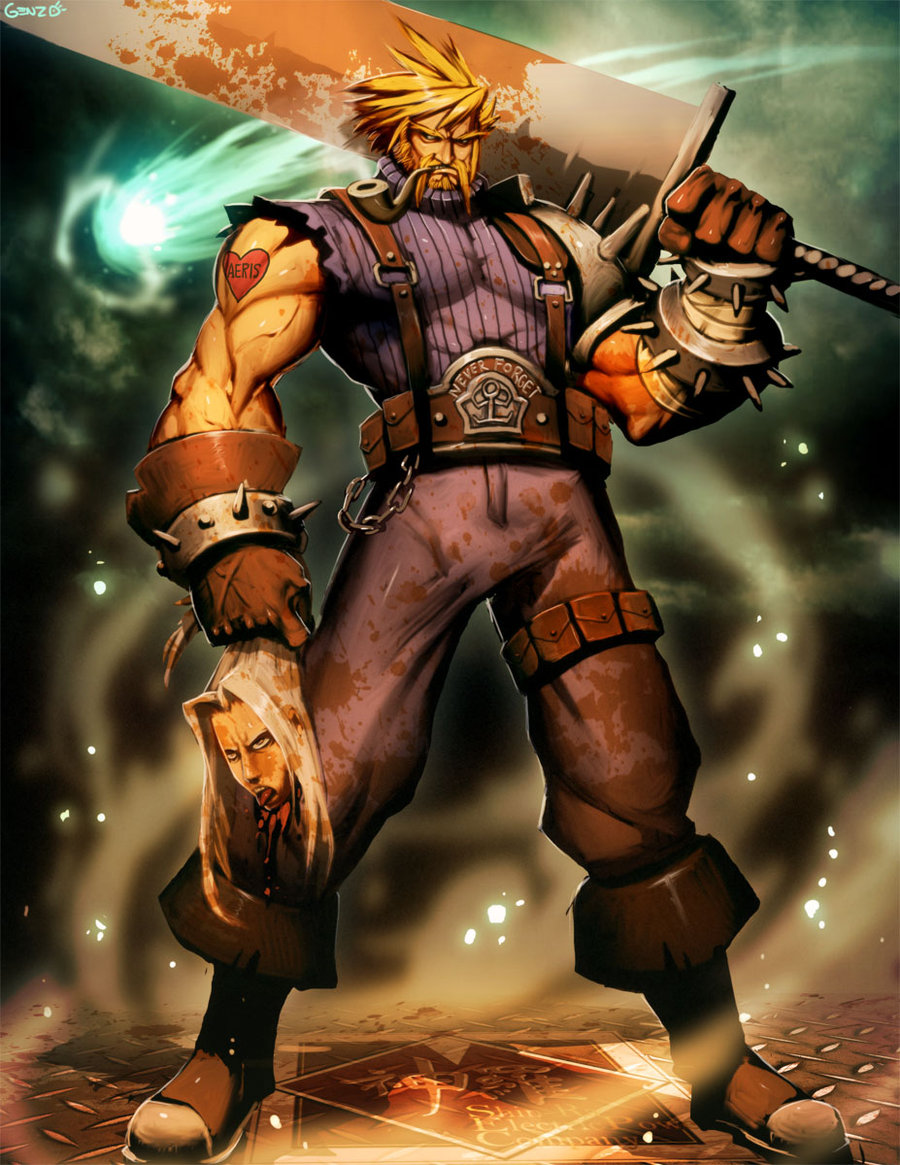 genzoman, cloud strife, sephiroth, shinra, final fantasy, final fantasy vii, square enix, 1990s (style), 1boy, abs, armor, beard, belt, blonde hair, blood, boots, bracelet, buster sword, chain, death, decapitation, epic, facial hair, gloves, insignia, jewelry, lifestream, male focus, manly, meteor, muscular, mustache, retro artstyle, severed head, smoking pipe, soldier, solo, spiked bracelet, spikes, suspenders, sword, tattoo, utility belt, weapon