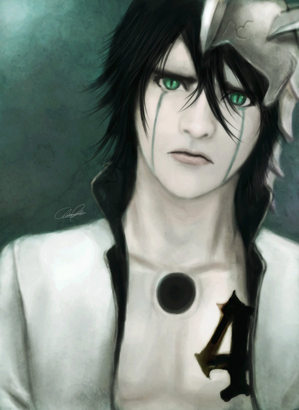 zamboze, ulquiorra cifer, bleach, 00s, 1boy, arrancar, black hair, colored skin, expressionless, facial mark, green eyes, hair between eyes, lips, male focus, number tattoo, skull, slit pupils, solo, tattoo, white skin