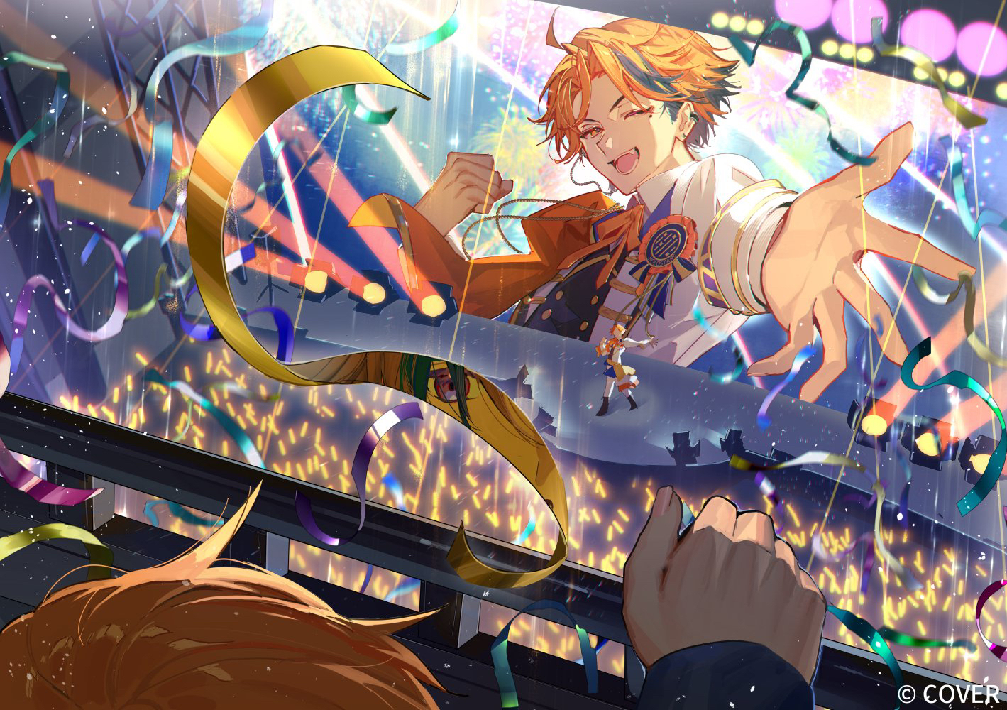 mebaru, yukoku roberu, holostars, commentary request, official art, 1boy, black hair, copyright name, crowd, facing away, glowstick, gold trim, holostars idol uniform (2nd act), idol, jacket, looking at viewer, male focus, multicolored hair, music, one eye closed, open mouth, orange hair, penlight (glowstick), reaching, reaching towards viewer, ribbon, singing, smile, solo focus, streaked hair, upper body, virtual youtuber, white jacket, yellow ribbon