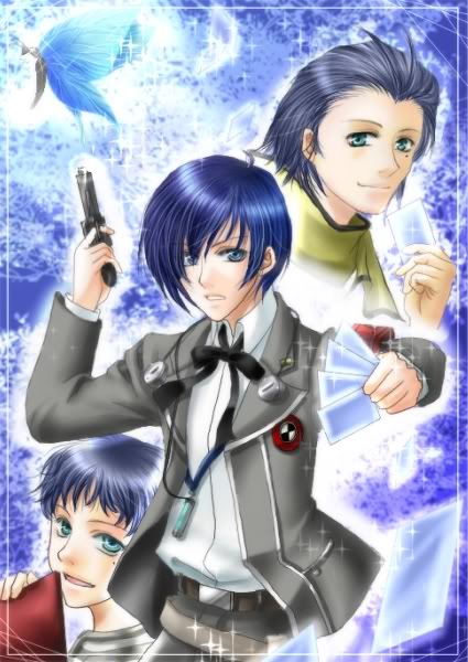 mochizuki ryouji, pharos, philemon (butterfly), yuuki makoto (persona 3), atlus, persona, persona 3, 3boys, bug, butterfly, card, evoker, insect, male focus, multiple boys