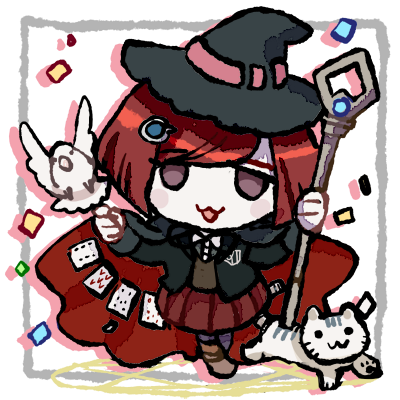 na no (nanoatm), yumeno himiko, danganronpa (series), danganronpa v3: killing harmony, blue gem, commentary request, lowres, 1girl, :3, baby animal, belt, bird, bird on hand, black cape, black hat, black jacket, blazer, blunt ends, blush stickers, bob cut, boots, breast pocket, brown boots, brown eyes, brown vest, buttons, cape, card, chibi, collared jacket, collared shirt, confetti, contrast collar, crest, dove, drop shadow, gem, gem hair ornament, grey pantyhose, grey shirt, hair ornament, hairclip, happy, hat, hat belt, holding, holding staff, jacket, lapels, long sleeves, magic circle, miniskirt, notched lapels, open clothes, open jacket, open mouth, outside border, pale skin, pantyhose, picture frame, pink belt, playing card, pleated skirt, pocket, pointing, red cape, red hair, red skirt, shirt, short hair, skirt, sleeve cuffs, smile, solo, staff, tiger, tiger cub, transparent background, two-sided cape, two-sided fabric, v-neck, vest, white tiger, witch hat