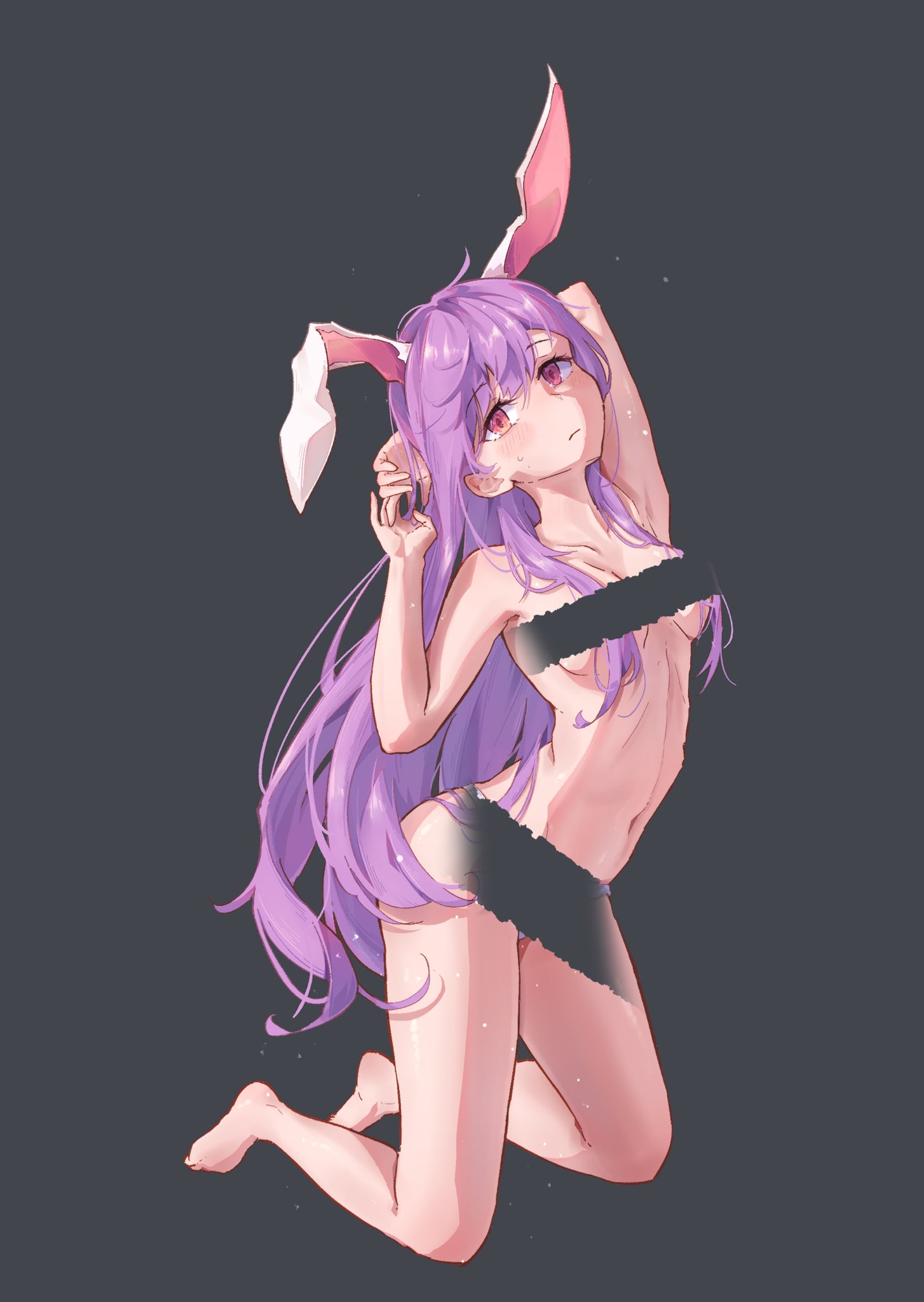 primsla, reisen udongein inaba, touhou, bad id, bad twitter id, commentary request, highres, animal ears, barefoot, breasts, censored, full body, grey background, kneeling, long hair, looking at viewer, medium breasts, navel, parted lips, purple hair, rabbit ears, red eyes, simple background, very long hair