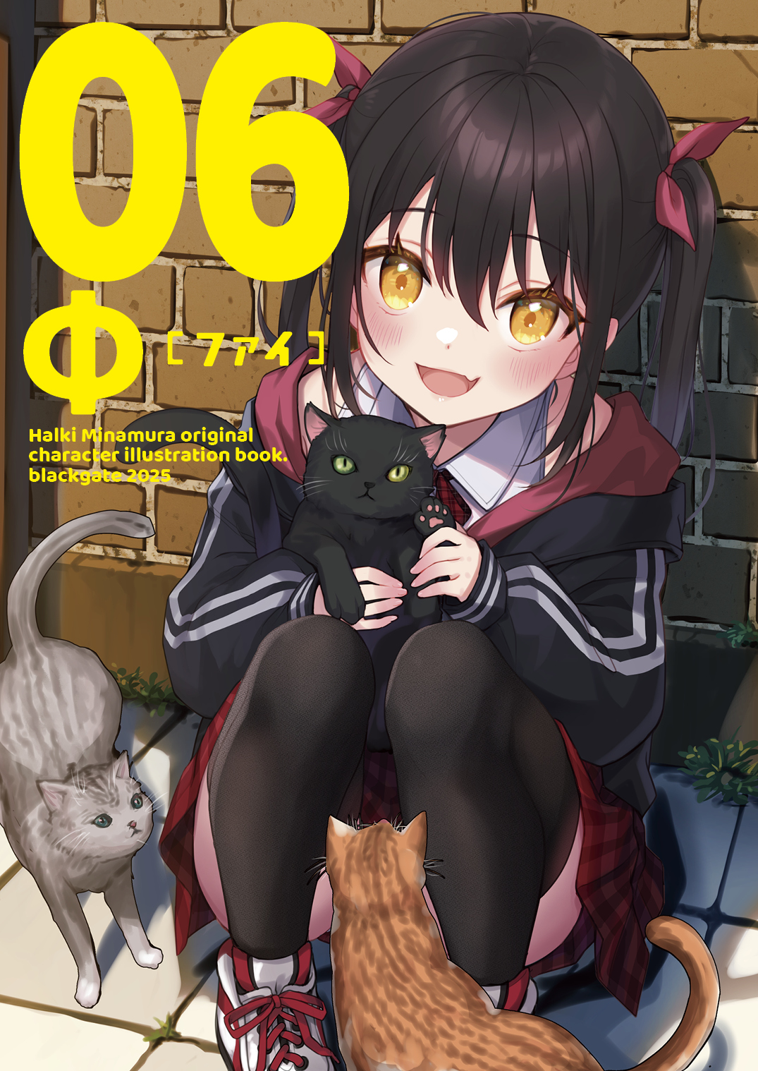 minamura haruki, original, commentary request, highres, 1girl, :d, animal, black cat, black hair, black jacket, black thighhighs, blush, brick wall, brown eyes, cat, collared shirt, convenient censoring, cover, cover page, fang, hair ribbon, holding, holding animal, hood, hood down, hooded jacket, jacket, long hair, looking at viewer, open mouth, plaid clothes, plaid skirt, pleated skirt, red ribbon, red skirt, ribbon, shirt, shoes, skirt, sleeveless, sleeveless shirt, smile, solo, squatting, thighhighs, twintails, white shirt, white shoes