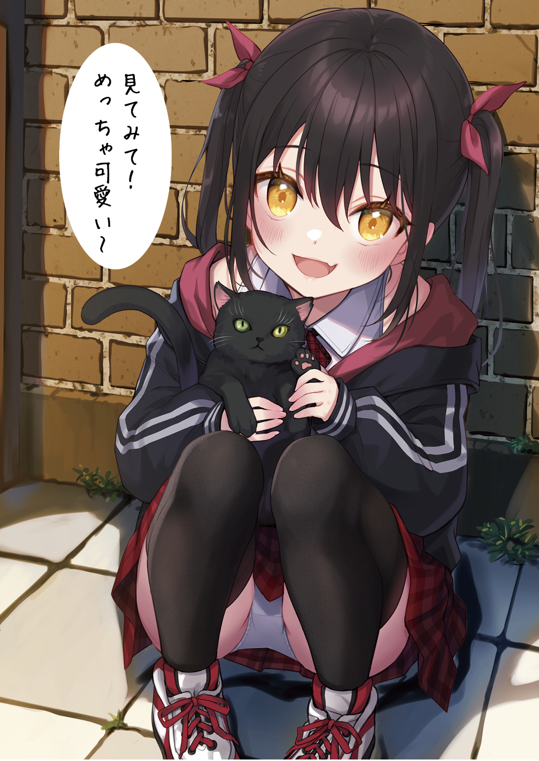 minamura haruki, original, highres, translation request, 1girl, :d, animal, black cat, black hair, black jacket, black thighhighs, blush, brick wall, brown eyes, cat, collared shirt, fang, hair ribbon, holding, holding animal, hood, hood down, hooded jacket, jacket, long hair, looking at viewer, open mouth, panties, plaid clothes, plaid skirt, pleated skirt, red ribbon, red skirt, ribbon, shirt, shoes, skirt, sleeveless, sleeveless shirt, smile, solo, squatting, thighhighs, twintails, underwear, white panties, white shirt, white shoes