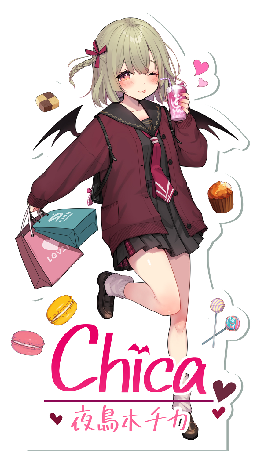 minamura haruki, original, highres, 1girl, ;p, bag, bendy straw, black sailor collar, black serafuku, black shirt, black skirt, blush, braid, brown hair, brown shoes, candy, checkerboard cookie, closed mouth, cookie, cup, cupcake, drinking glass, drinking straw, food, hair ornament, hair ribbon, heart, holding, holding bag, holding cup, jacket, lollipop, long sleeves, loose socks, macaron, one eye closed, open clothes, open jacket, paper bag, pleated skirt, puffy long sleeves, puffy sleeves, red eyes, red jacket, red ribbon, ribbon, sailor collar, school uniform, serafuku, shirt, shoes, simple background, skirt, sleeves past wrists, socks, solo, standing, standing on one leg, tongue, tongue out, white background, white socks