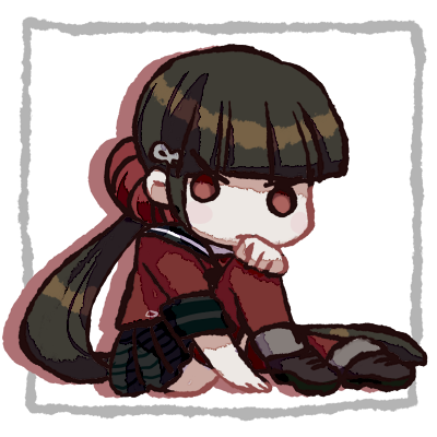 na no (nanoatm), harukawa maki, danganronpa (series), danganronpa v3: killing harmony, commentary request, lowres, 1girl, absurdly long hair, annoyed, black boots, black sailor collar, black skirt, blunt bangs, blush stickers, boots, brown hair, chibi, closed mouth, drop shadow, frown, hair ornament, hair scrunchie, hair spread out, hairclip, hand on ground, hand on own knee, infinity symbol, knee up, long hair, long sleeves, low twintails, miniskirt, outside border, picture frame, plaid clothes, plaid skirt, pleated skirt, red eyes, red scrunchie, red shirt, red thighhighs, sailor collar, school uniform, scrunchie, serafuku, shirt, sitting, skirt, sleeve cuffs, solid circle eyes, solo, thighhighs, three-quarter sleeves, transparent background, twintails, v-shaped eyebrows, very long hair