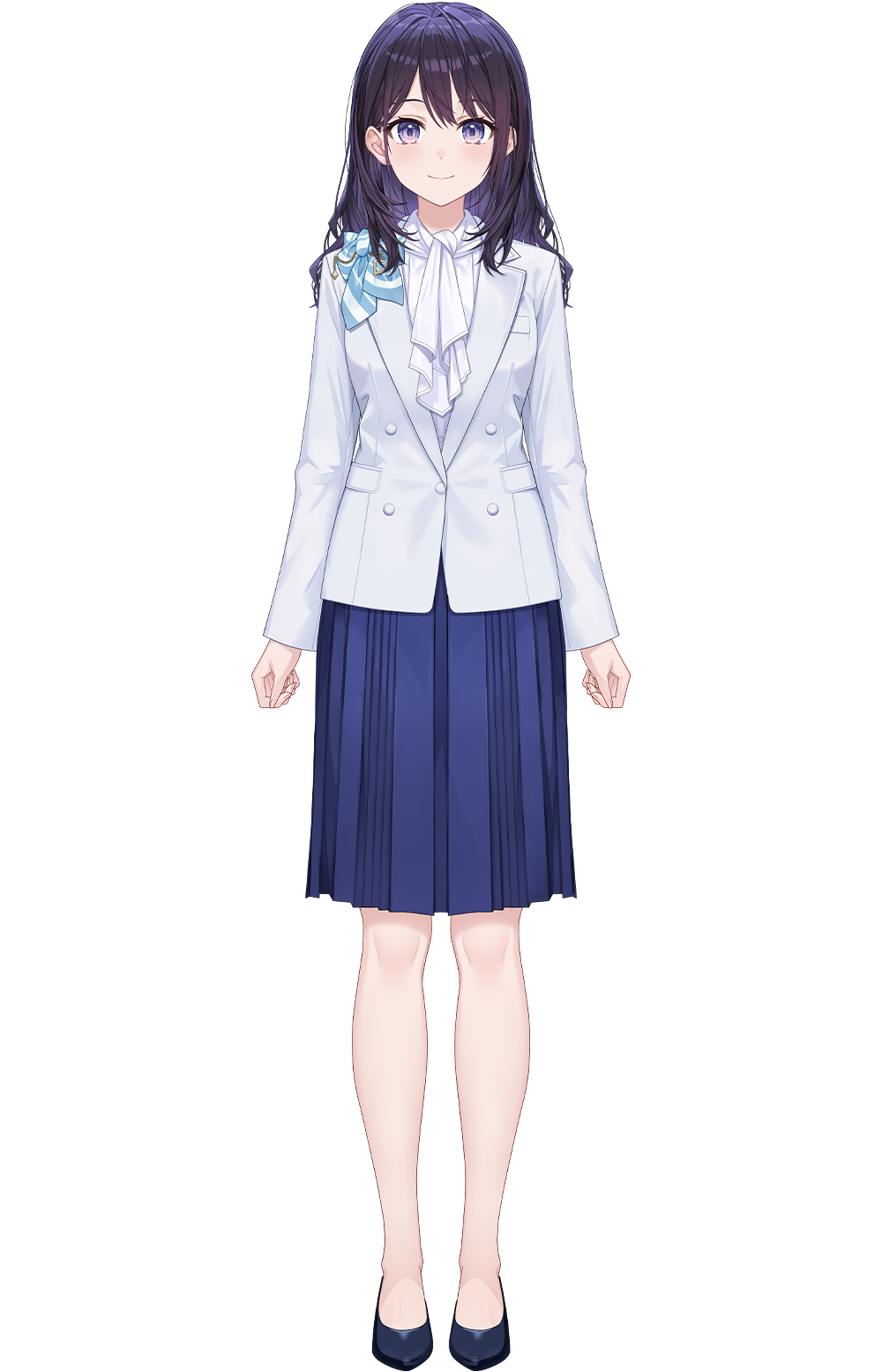 amagai tarou, hololive, highres, official art, second-party source, 1girl, aqua bow, ascot, black shoes, blue skirt, bow, formal clothes, full body, hair between eyes, jacket, kazeshiro yuki, lapels, legs, light blush, long hair, long sleeves, looking at viewer, medium skirt, notched lapels, pleated skirt, purple eyes, purple hair, shoes, skirt, solo, standing, straight-on, suit, suit jacket, tachi-e, transparent background, virtual youtuber, white ascot, white suit