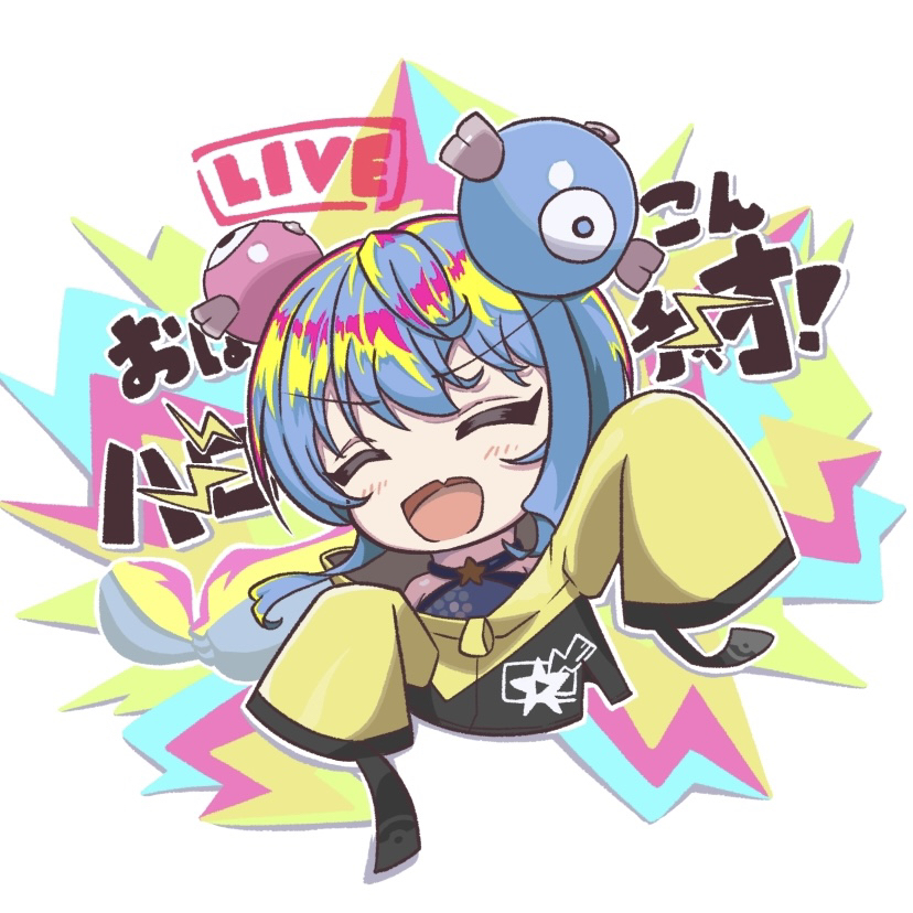 a attoo, hoshimachi suisei, iono (pokemon), magnemite, hololive, blue hair, cosplay, gen 1 pokemon, halter shirt, halterneck, hexagon print, iono (pokemon) (cosplay), jacket, oversized clothes, sleeves past fingers, sleeves past wrists, this is the best thing i have ever seen in my life, virtual youtuber, yellow jacket