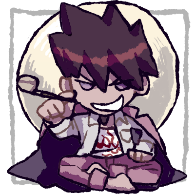na no (nanoatm), momota kaito, danganronpa (series), danganronpa v3: killing harmony, commentary request, lowres, 1boy, barefoot, breast pocket, chibi, coat, coat on shoulders, collared coat, collared jacket, crossed ankles, dark-skinned female, dark skin, denim, facial hair, flame print, goatee, grey hair, grin, hair between eyes, hand on own thigh, happy, holding, holding smoking pipe, jacket, jeans, lapels, long sleeves, male focus, moon, notched lapels, open clothes, open jacket, outside border, pants, picture frame, pink coat, pink pants, pocket, print shirt, purple coat, purple eyes, purple hair, shirt, short hair, sitting, smile, smoking pipe, solo, spiked hair, transparent background, two-sided coat, two-sided fabric, v-shaped eyebrows, white shirt