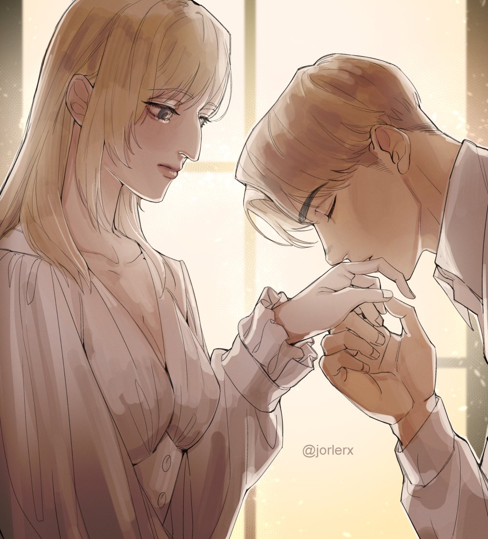 jorlerx, annie leonhart, armin arlert, shingeki no kyojin, 1boy, 1girl, blonde hair, breasts, cleavage, closed eyes, collared shirt, couple, hetero, holding hands, kiss, kissing hand, long hair, looking at another, medium breasts, parted bangs, shirt, short hair, twitter username, upper body, white shirt, window