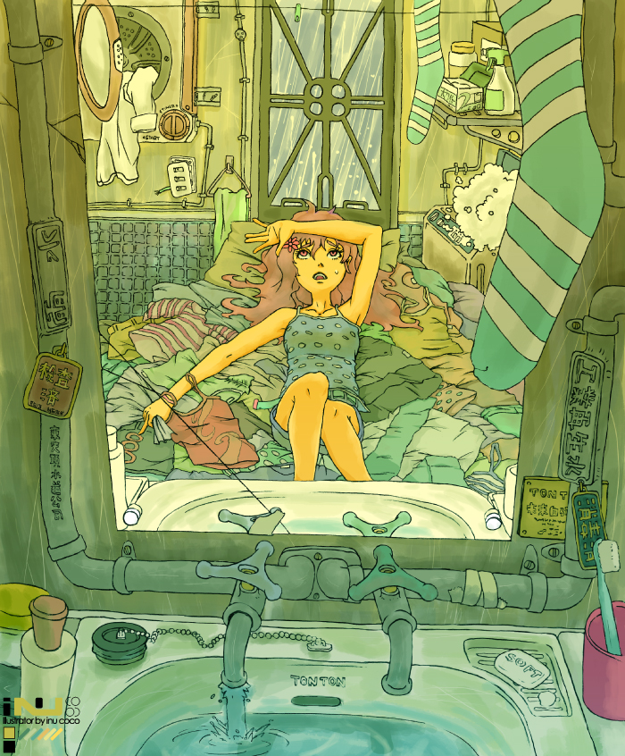 inukoko, clothes, 1girl, absurdly detailed composition, bottle, female focus, indoors, industrial pipe, knees together feet apart, loaded interior, lying, on back, on bed, rain, red hair, sink, soap, socks, solo, sweatdrop, tank top, toothbrush, washing machine, water, window