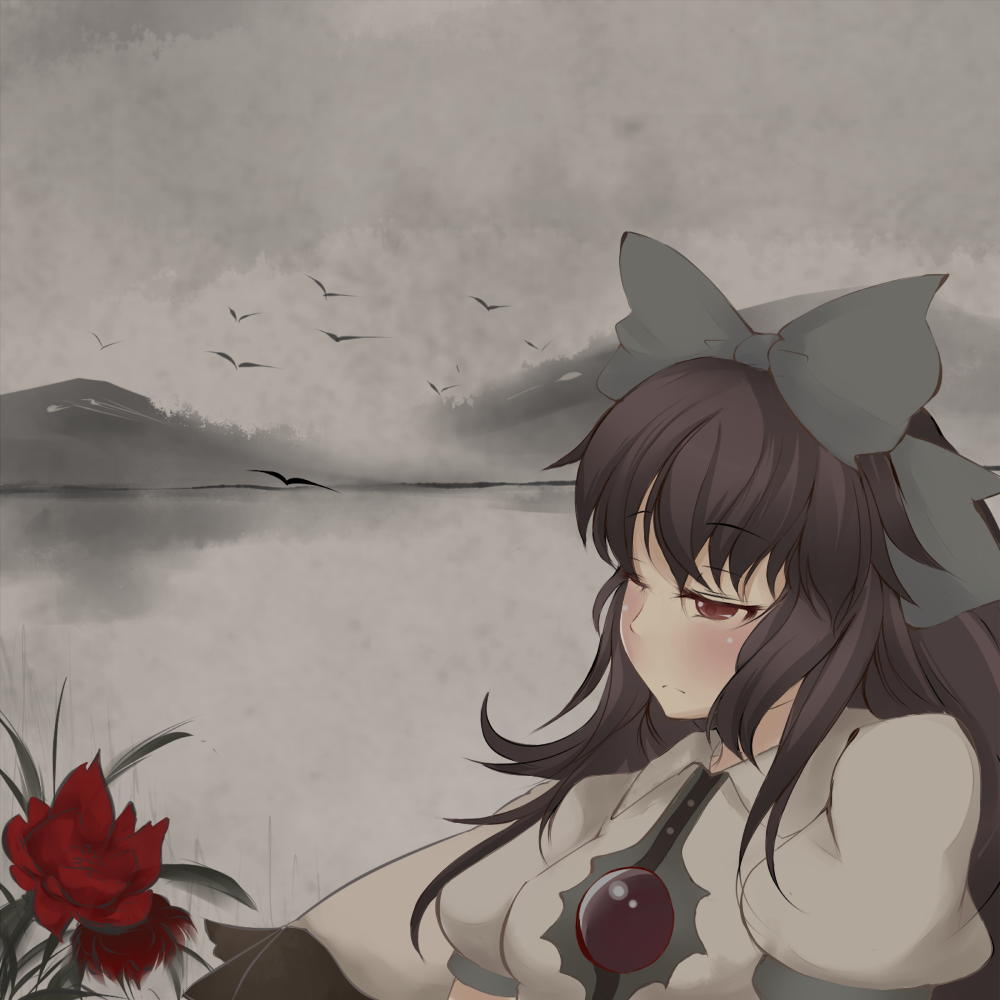 suiren (mystia6b), reiuji utsuho, touhou, 1girl, bird, black hair, blush, bow, female focus, flower, hair bow, outdoors, red eyes, sky, solo