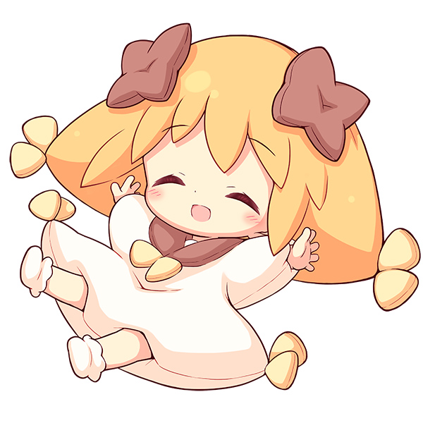 aikei ake, original, commentary request, 1girl, :d, ^ ^, blonde hair, blush, chibi, closed eyes, cushion, dress, facing viewer, full body, long hair, long sleeves, no shoes, open mouth, personification, puffy long sleeves, puffy sleeves, simple background, smile, socks, solo, white background, white dress, white socks