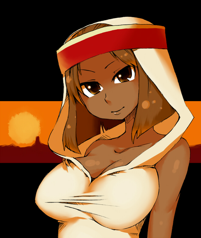 narutaki (kurokabe), rapha galthena, final fantasy, final fantasy tactics, 1girl, bare shoulders, breasts, brown eyes, brown hair, cleavage, dark-skinned female, dark skin, female focus, headband, hood, large breasts, outdoors, short hair, sky, solo