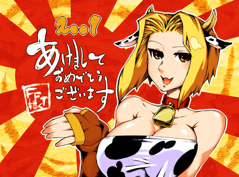 narutaki (kurokabe), monk (fft), final fantasy, final fantasy tactics, 1girl, animal ears, animal print, bare shoulders, bell, blonde hair, breasts, cleavage, collar, cow, cow ears, cow horns, cow print, cowbell, female focus, fingerless gloves, gloves, horns, large breasts, short hair, solo, yellow eyes