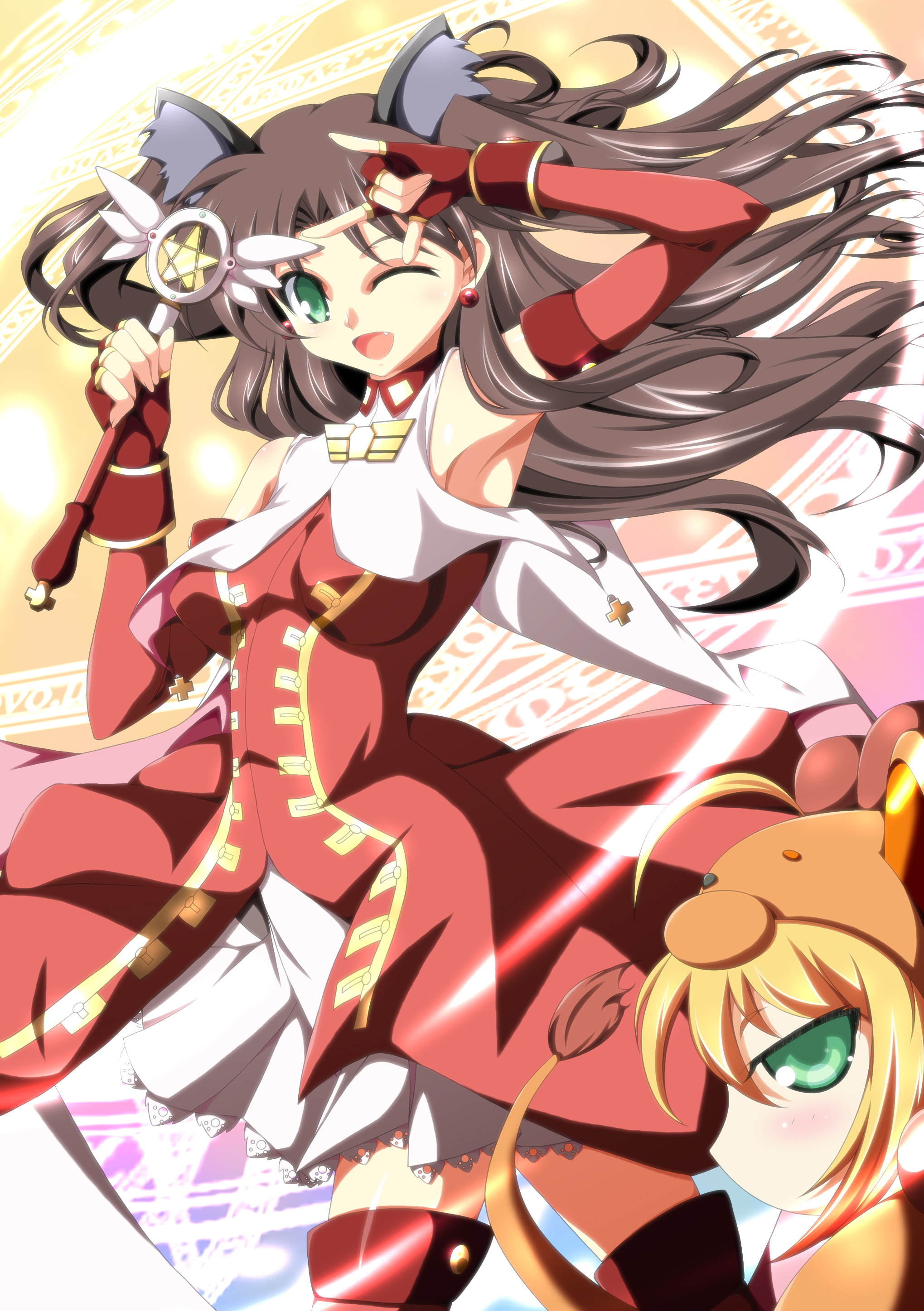 ka2, artoria pendragon (fate), kaleido ruby, kaleidostick, saber (fate), saber lion, tohsaka rin, toosaka rin, fate/hollow ataraxia, fate/stay night, fate/tiger colosseum, fate (series), absurdres, highres, 00s, 2girls, ahoge, animal costume, animal ears, black hair, blonde hair, blush, cat ears, earrings, elbow gloves, fang, gloves, green eyes, jewelry, lion, lion costume, long hair, m/, magical girl, multiple girls, one eye closed, twintails, two side up, wand, wink