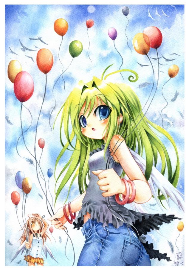 emperpep, painting (medium), traditional media, watercolor (medium), 2girls, ahoge, balloon, bird, blonde hair, blue eyes, blush, bracelet, brown eyes, green hair, jewelry, long hair, multiple girls, open mouth, wings