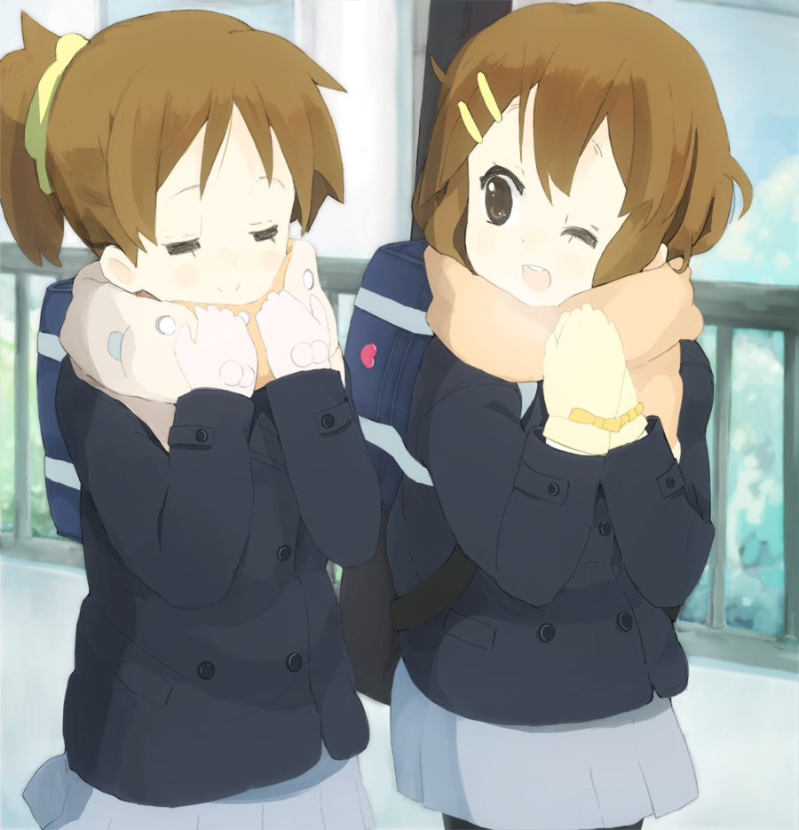nasuna, hirasawa ui, hirasawa yui, k-on!, 00s, 2girls, bag, blush, brown hair, closed eyes, cold, gloves, hair ornament, hairclip, happy, multiple girls, one eye closed, pantyhose, scarf, school uniform, short hair, siblings, sisters, smile, twins, wink