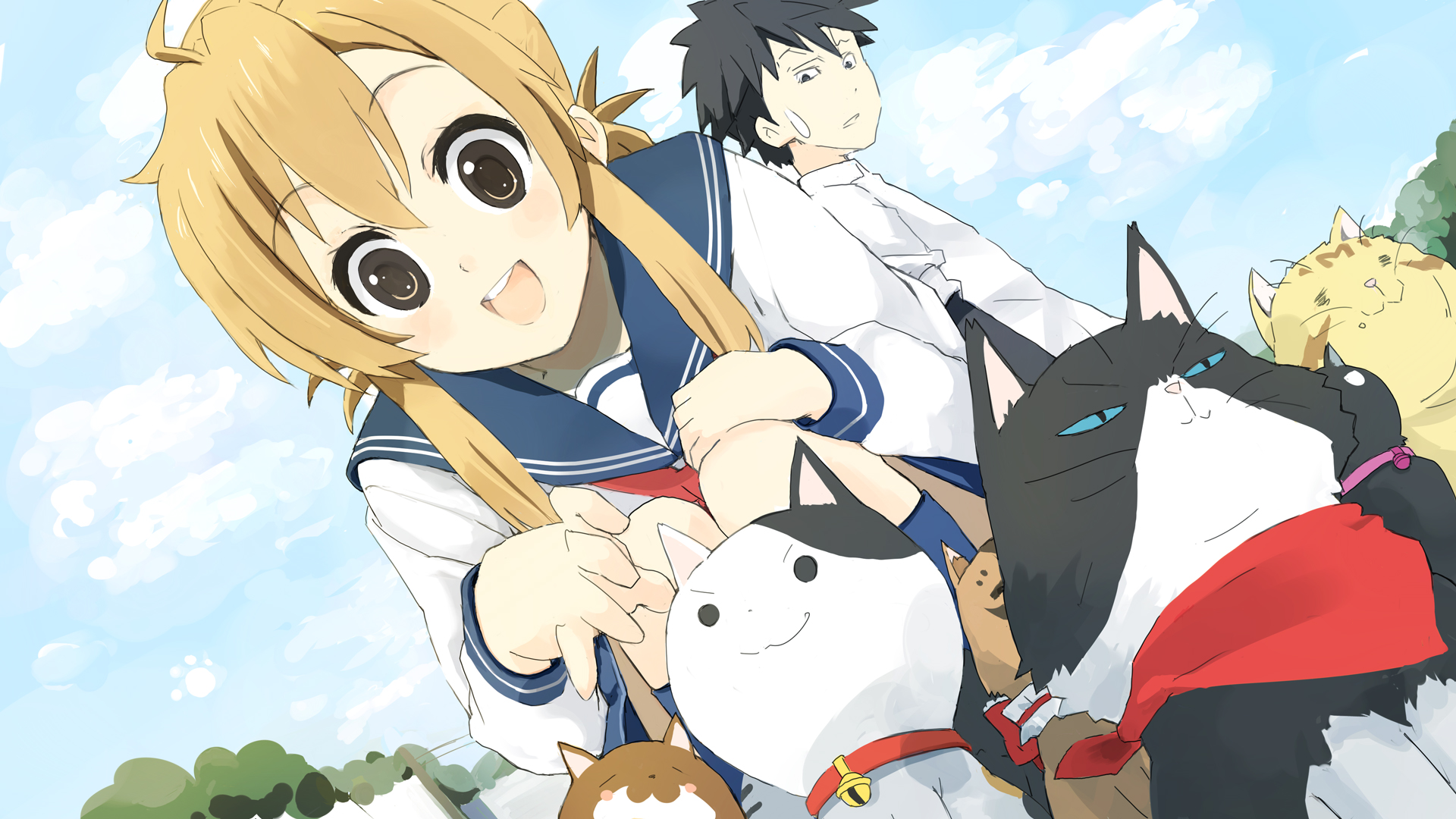 nasuna, kousaka junpei, mizuno kaede, nyamsas, tama (nyan koi), nyan koi!, bad id, bad pixiv id, highres, 00s, 1boy, 1girl, blush, brown hair, cat, folded ponytail, happy, long hair, school uniform, serafuku