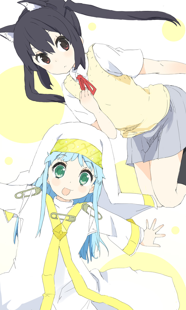 nasuna, index (toaru majutsu no index), nakano azusa, k-on!, toaru majutsu no index, 00s, 2girls, animal ears, black hair, blue hair, blush, crossover, green eyes, happy, long hair, multiple girls, school uniform, sweater, twintails