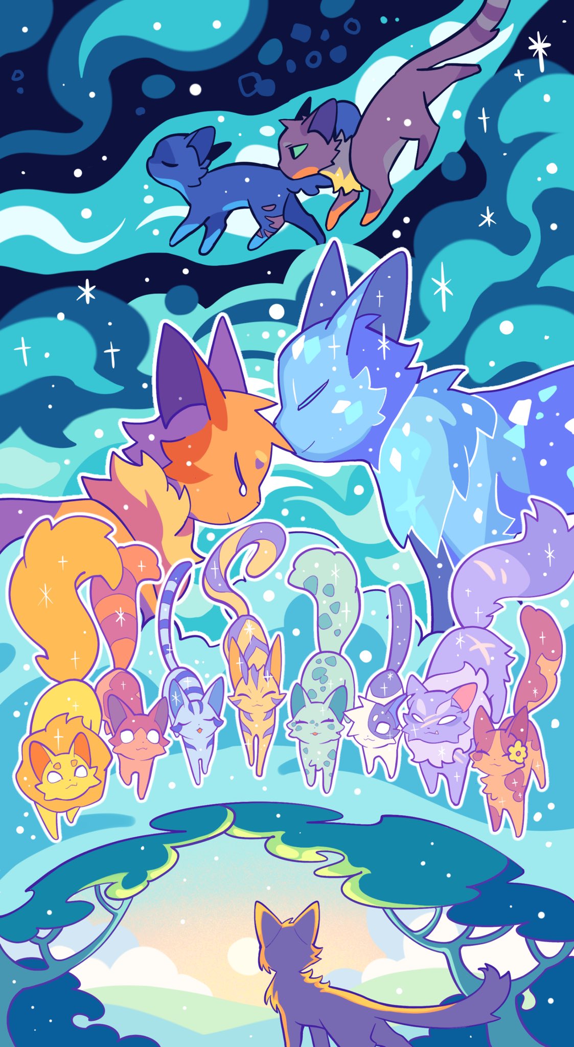 rehtaef, firestar (warrior cats), the prophecies begin, warrior cats, commentary, english commentary, highres, ^ ^, animal, animal focus, bluestar (warrior cats), brindleface, brown cat, cat, cinderpelt, closed eyes, cool colored, flat color, flower, fluffy, green eyes, grey cat, hair flower, hair ornament, lionheart (warrior cats), no humans, orange cat, outline, redtail (warrior cats), runningwind, scar, scene reference, silverstream (warrior cats), sparkle, spottedleaf, star (sky), sun, swiftpaw, tabby cat, tortoiseshell cat, tree, white outline, yellow cat, yellowfang