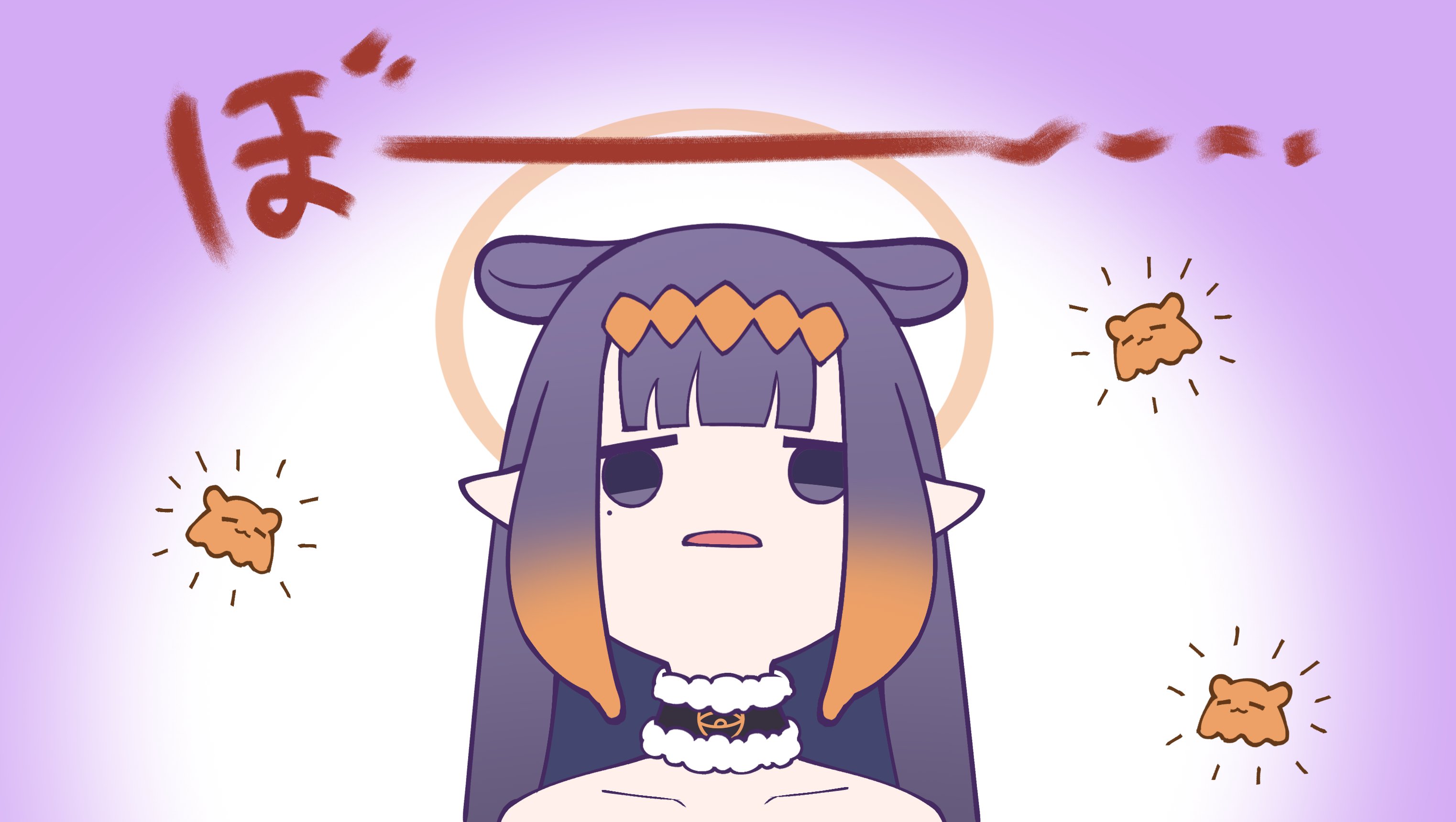 shutowl, ninomae ina'nis, ninomae ina'nis (1st costume), takodachi (ninomae ina'nis), hololive, hololive english, umamusume, umamusume: cinderella gray, commentary, english commentary, highres, 1girl, blunt bangs, choker, circlet, fur-trimmed choker, fur choker, fur trim, gradient background, gradient hair, jitome, long hair, mole, mole under eye, multicolored hair, oguri cap spacing out, orange hair, parody, parted lips, pink background, pointy ears, purple hair, scene reference, sidelocks, solo, tentacle hair, virtual youtuber