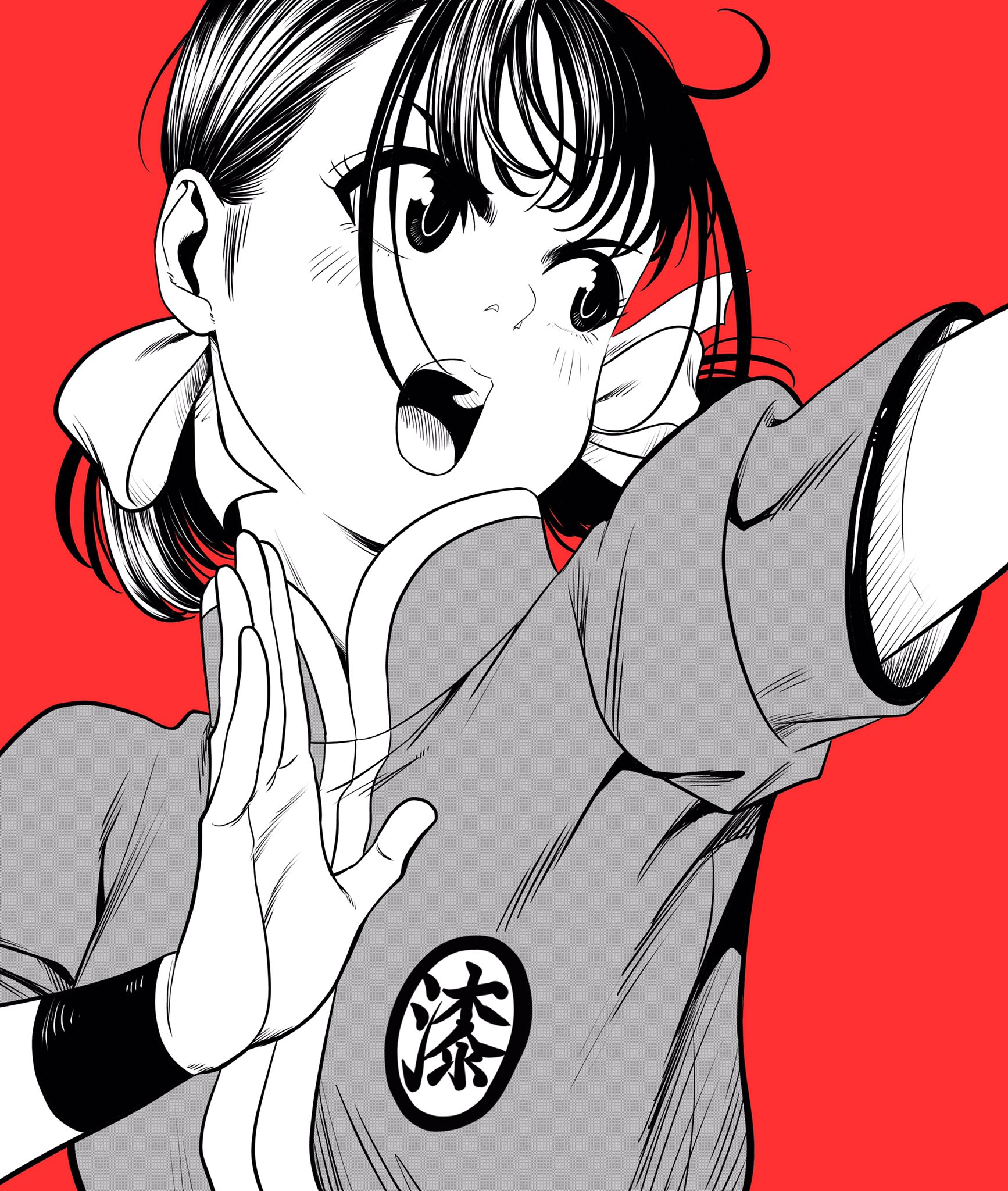 lee (dragon garou), original, commentary request, highres, 1girl, breasts, chinese clothes, fighting stance, greyscale with colored background, hair ribbon, jacket, low twintails, medium breasts, open mouth, red background, ribbon, short-sleeved jacket, short sleeves, solo, twintails, upper body, v-shaped eyebrows, wristband