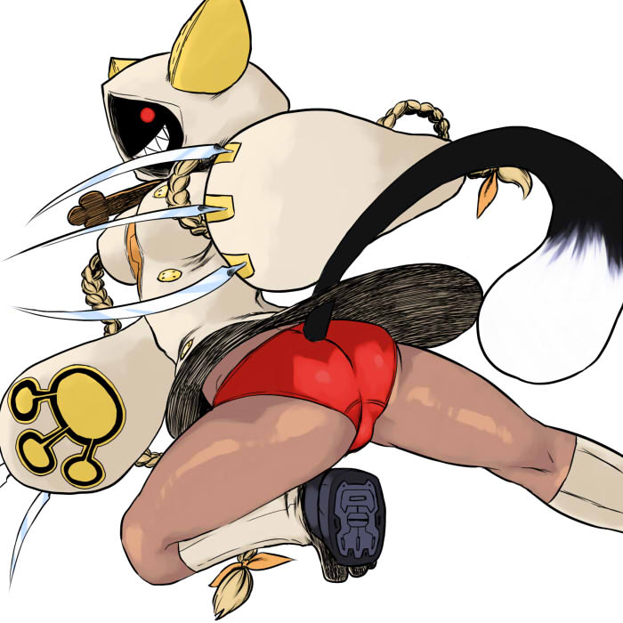 tsukudani (coke-buta), taokaka, arc system works, blazblue, 1girl, animal ears, blonde hair, boots, braid, cat ears, cat girl, cat tail, claws, dark-skinned female, dark skin, female focus, glowing, glowing eyes, grin, hood, long hair, panties, red eyes, red panties, simple background, smile, solo, tail, twin braids, underwear, upskirt, very long hair, white background