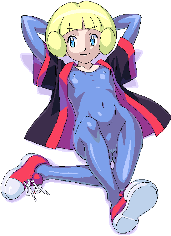 greta (pokemon), nintendo, pokemon, pokemon emerald, pokemon rse, artist request, >:), 1girl, arms behind head, arms up, blonde hair, blue bodysuit, blunt bangs, bodysuit, collarbone, covered navel, female focus, flat chest, frontier brain, full body, latex, latex suit, lying, neck, on back, red shoes, shadow, shiny clothes, shoes, short hair, skin tight, sneakers, solo, white background