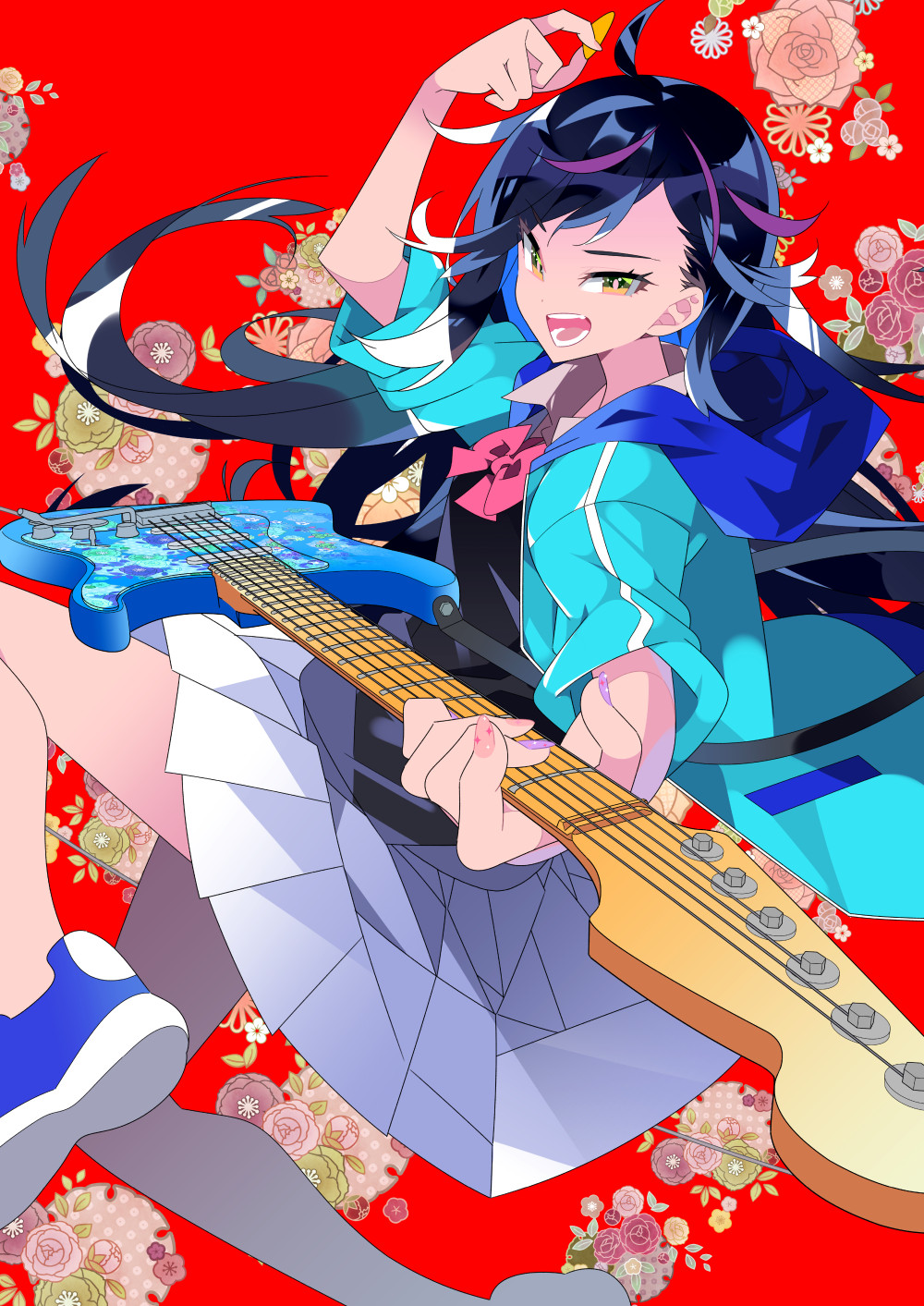 haruse hiroki, comiket 107, original, commentary request, highres, 1girl, :d, arm up, black hair, black shirt, blue jacket, blue shoes, bow, brown eyes, electric guitar, floral background, guitar, holding, holding instrument, hood, hood down, hooded jacket, instrument, jacket, long hair, looking at viewer, multicolored hair, open clothes, open jacket, open mouth, pink bow, pleated skirt, plectrum, purple hair, red background, shirt, shoes, simple background, skirt, smile, solo, streaked hair, v-shaped eyebrows, very long hair, white skirt