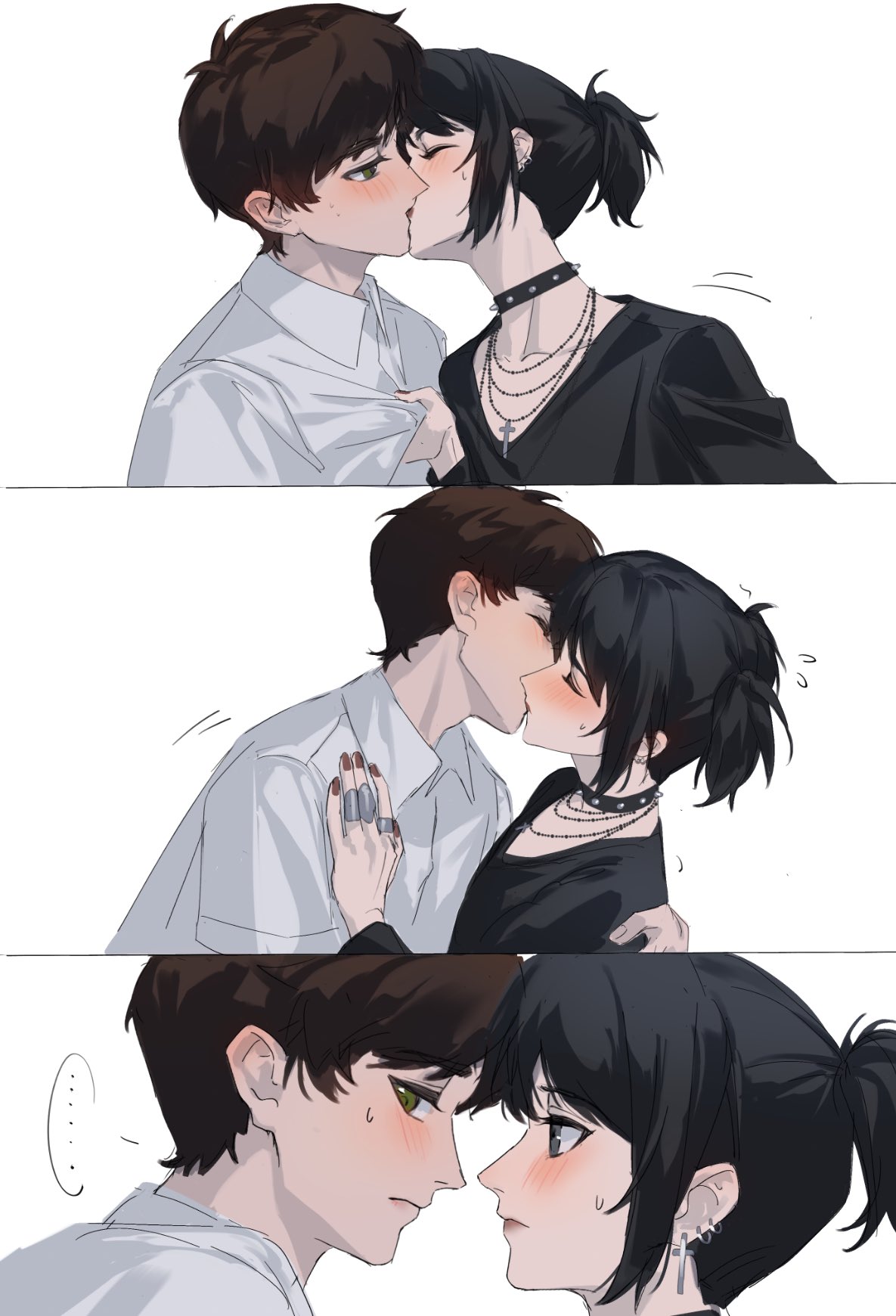 yun (dl2n5c7kbh8ihcx), eren yeager, mikasa ackerman, shingeki no kyojin, shingeki no school castes, highres, …, 1boy, 1girl, arm around shoulder, black choker, black shirt, blush, brown hair, brown nails, choker, closed eyes, clothes grab, collared shirt, earrings, grabbing another's shirt, green eyes, grey eyes, hand on another's shoulder, hetero, jewelry, looking at another, multiple earrings, multiple necklaces, multiple rings, nail polish, necklace, official alternate hairstyle, ring, shirt, short hair, spoken ellipsis, studded choker, sweatdrop, twintails, upper body, white background, white shirt