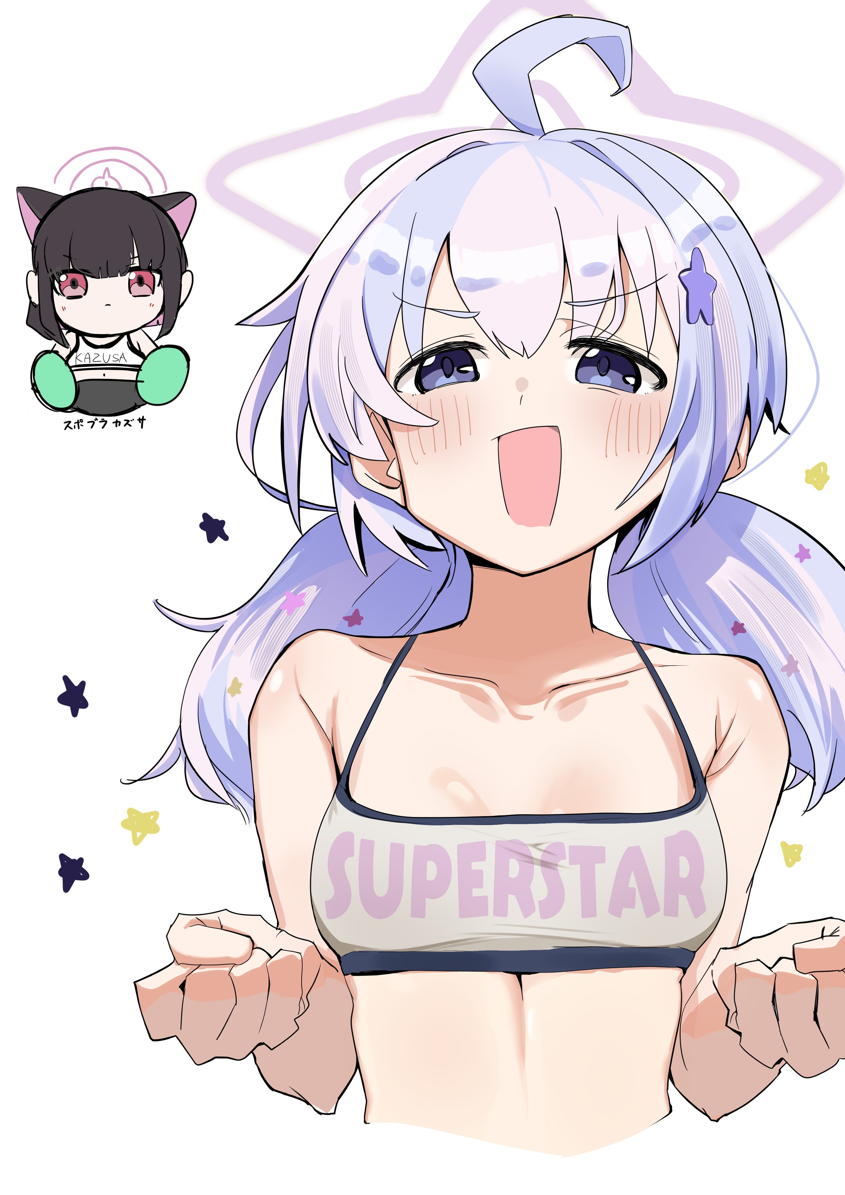 kazusa (blue archive), reisa (blue archive), blue archive, absurdres, highres, 2girls, ahoge, alternate costume, animal ears, bare shoulders, black hair, blue hair, blush, breasts, cat ears, chibi, chibi inset, clenched hands, clothes writing, collarbone, cropped torso, hair ornament, halo, long hair, looking at viewer, low twintails, multicolored hair, multiple girls, open mouth, pink hair, purple eyes, purple hair, simple background, small breasts, smile, solo focus, sports bra, star (symbol), star hair ornament, twintails, uni vhs, upper body, white background, white sports bra
