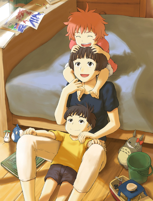 jas (littlecrime), lisa (ponyo), ponyo, sosuke, totoro, gake no ue no ponyo, studio ghibli, tonari no totoro, 1980s (style), 00s, 1boy, 2girls, barefoot, bed, bedroom, between legs, black shirt, blouse, brown hair, capri pants, carrying, child, company connection, family, family bonding, feet, happy, lap pillow, laughing, looking up, mother and son, multiple girls, oldschool, pants, retro artstyle, shirt, short hair, shoulder carry, sitting, smile