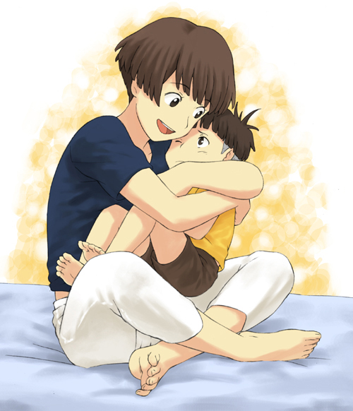 jas (littlecrime), lisa (ponyo), sosuke, gake no ue no ponyo, studio ghibli, 00s, 1boy, 1girl, age difference, barefoot, black shirt, blouse, brown hair, capri pants, child, family, family bonding, feet, hug, indian style, mother and son, pants, shirt, short hair, sitting, soles, yellow shirt