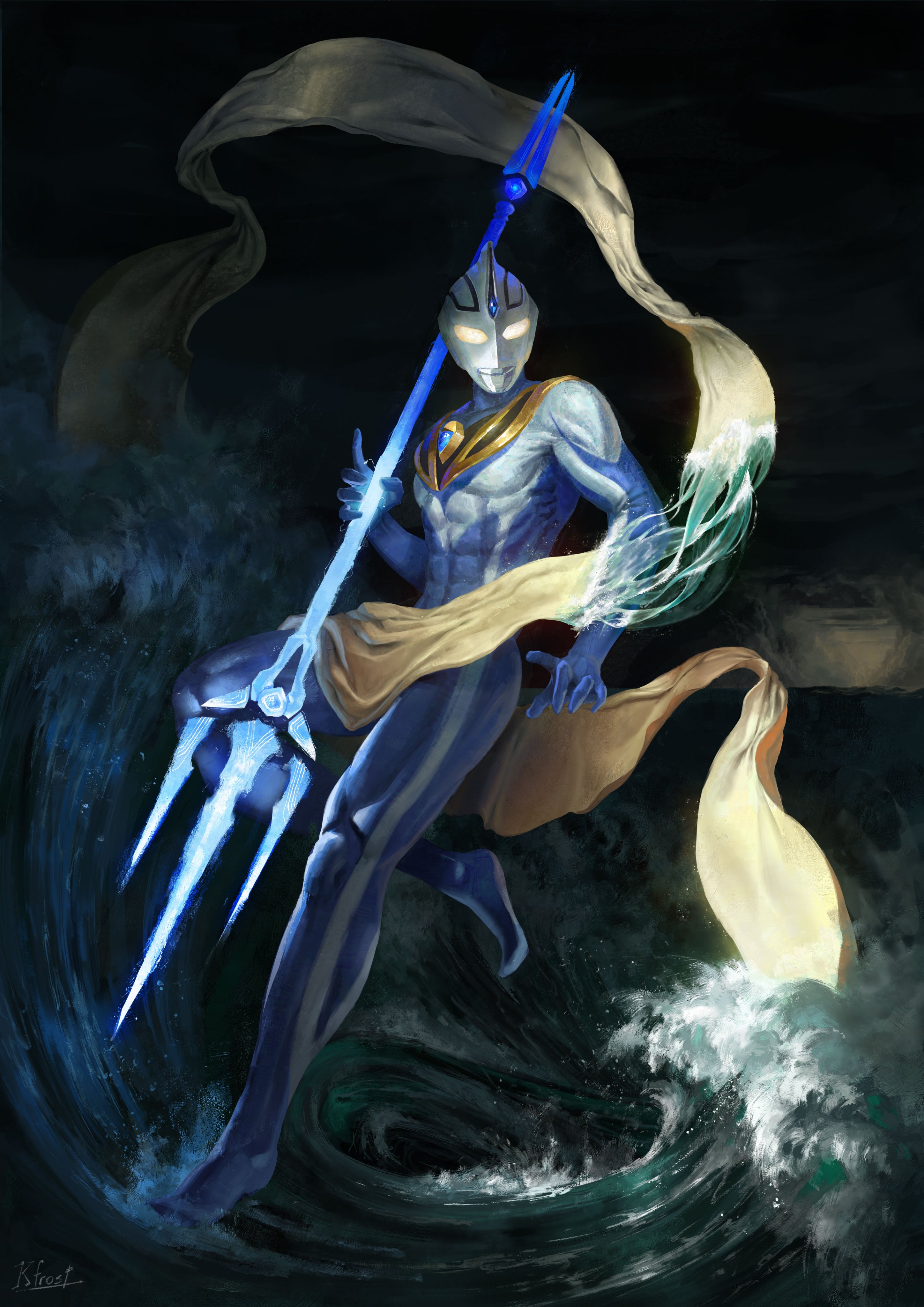 kfrostjh, ultraman agul, tokusatsu, ultra series, ultraman gaia (series), blue gem, absurdres, commentary, english commentary, highres, 1boy, abs, alien, armor, artist name, black sky, blue skin, breastplate, color timer, colored skin, compound eyes, dorsal fin, floating drapes, forehead jewel, full body, gem, giant, giant male, glowing, glowing eyes, glowing weapon, gold trim, gradient eyes, holding, holding polearm, holding weapon, knee up, leg up, looking ahead, male focus, multicolored eyes, multicolored skin, night, no pupils, ocean, outdoors, pectorals, polearm, ribs, signature, silver skin, sky, solo, standing, standing on one leg, toned, toned male, trident, two-tone skin, wading, waves, weapon, white eyes, yellow eyes