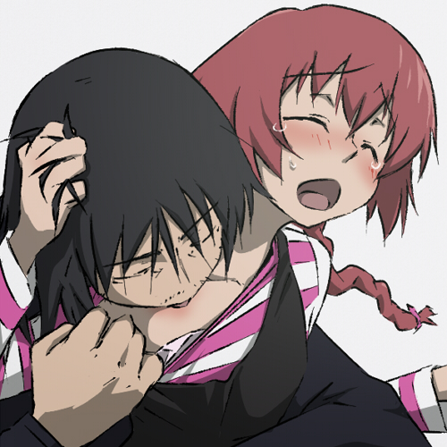 kanna asuke, hei (darker than black), suou pavlichenko, darker than black, lowres, 00s, 1boy, 1girl, black hair, blush, braid, closed eyes, clothes pull, grabbing another's hair, holding another's hair, licking, loli, long hair, open mouth, petite, red hair, sexually suggestive, shirt pull, tears