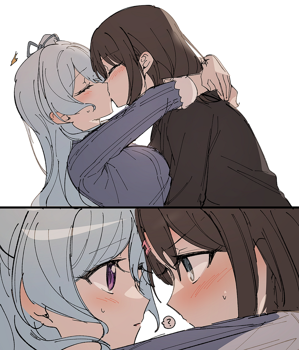 opi, matsubara kanon, okusawa misaki, bang dream!, highres, 2girls, ?, black shirt, blue eyes, blue hair, blue shirt, blush, brown hair, closed eyes, eye contact, hair ornament, hairclip, kiss, long hair, looking at another, multiple girls, purple eyes, shirt, simple background, spoken question mark, white background, yuri