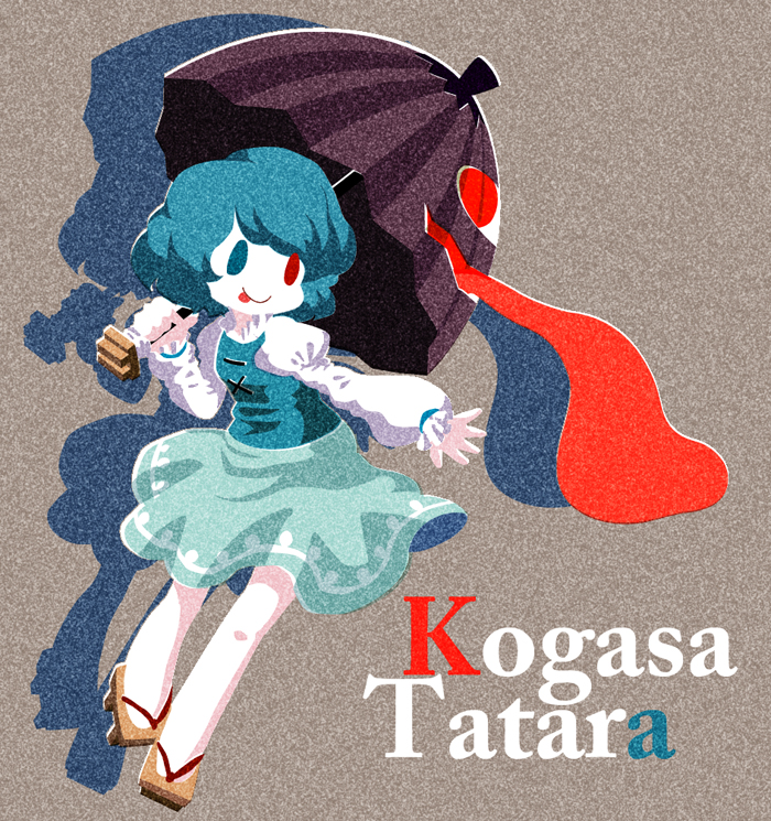 karaagetarou, tatara kogasa, touhou, 0 0, 1girl, :p, blue eyes, blue hair, character name, chibi, female focus, geta, heterochromia, karakasa obake, matching hair/eyes, red eyes, short hair, solo, tongue, tongue out, umbrella