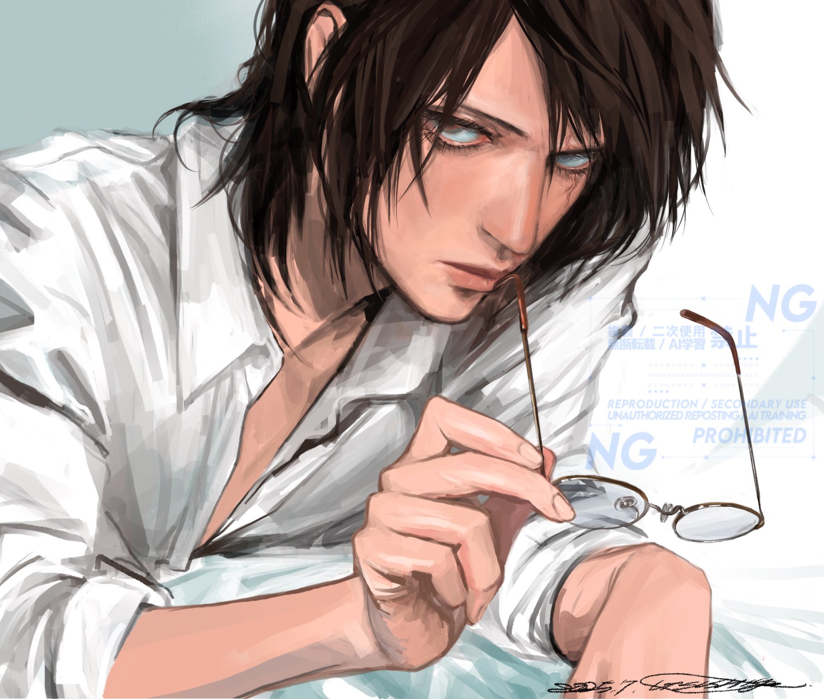 popsweetyio, hange zoe, shingeki no kyojin, highres, 1other, bed sheet, brown eyes, brown hair, closed mouth, collared shirt, dated, glasses, hair between eyes, holding, holding removed eyewear, looking at viewer, lying, medium hair, on stomach, shirt, signature, sleeves rolled up, solo, unworn eyewear, upper body, white shirt