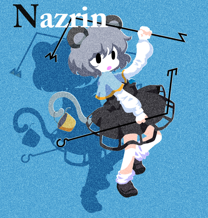 karaagetarou, nazrin, touhou, 0 0, 1girl, animal ears, character name, chibi, female focus, full body, grey hair, mouse ears, mouse tail, solo, tail