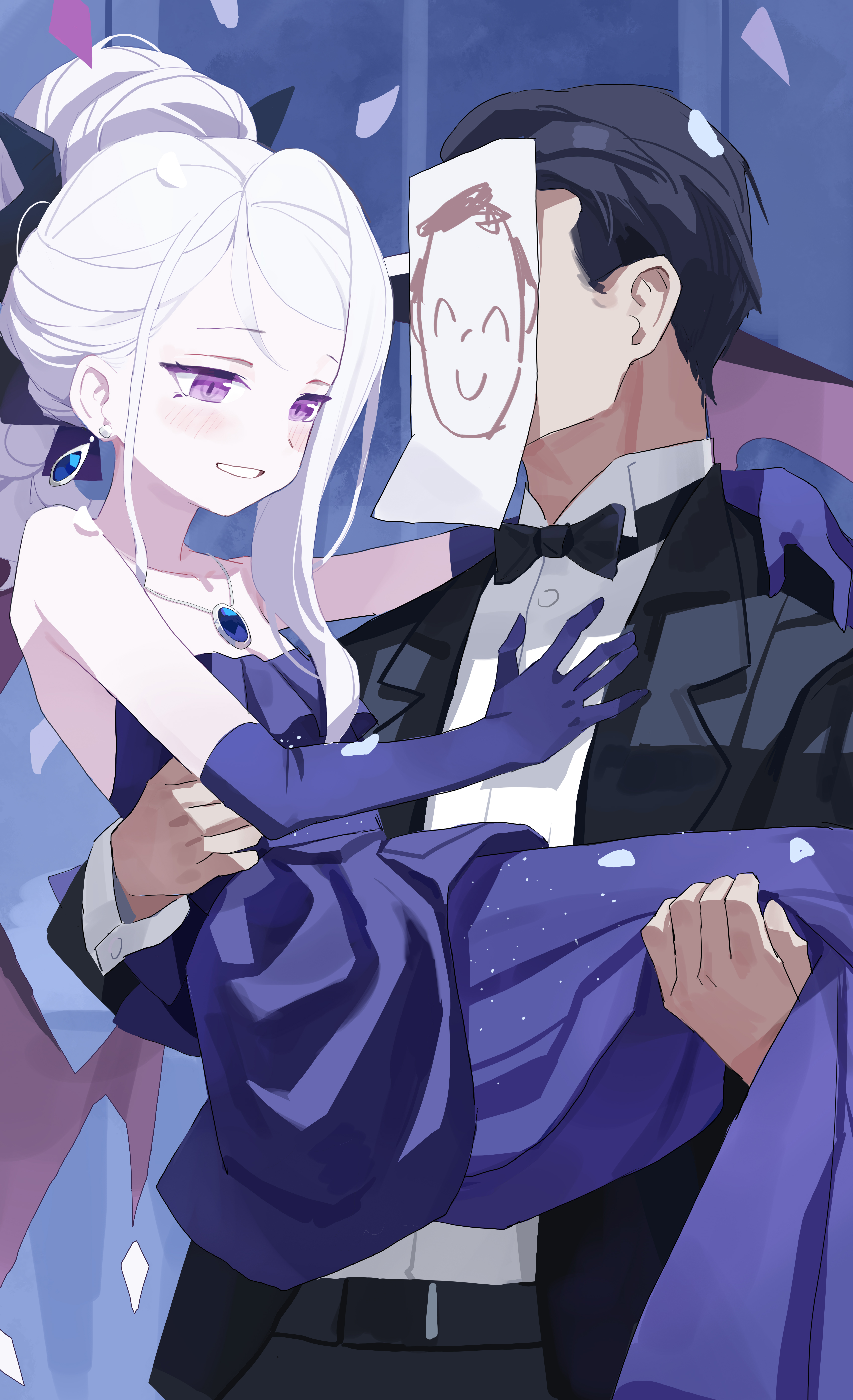 fanshuimucishen, doodle sensei (blue archive), hina (blue archive), hina (dress) (blue archive), sensei (blue archive), blue archive, absurdres, commentary request, highres, 1boy, 1girl, black bow, black bowtie, black hair, black suit, blurry, blush, bow, bowtie, carrying, carrying person, collarbone, collared shirt, cowboy shot, demon girl, demon horns, demon wings, depth of field, dress, earrings, elbow gloves, evening gown, formal clothes, gloves, halo, happy, horns, indoors, jewelry, long hair, long sleeves, looking at another, necklace, official alternate costume, official alternate hairstyle, paper on head, pearl necklace, pendant, pendant earring, ponytail, princess carry, purple dress, purple eyes, purple gloves, purple halo, shirt, sidelocks, single earring, standing, starry sky print, strapless, strapless dress, suit, wavy hair, white hair, white shirt, wings